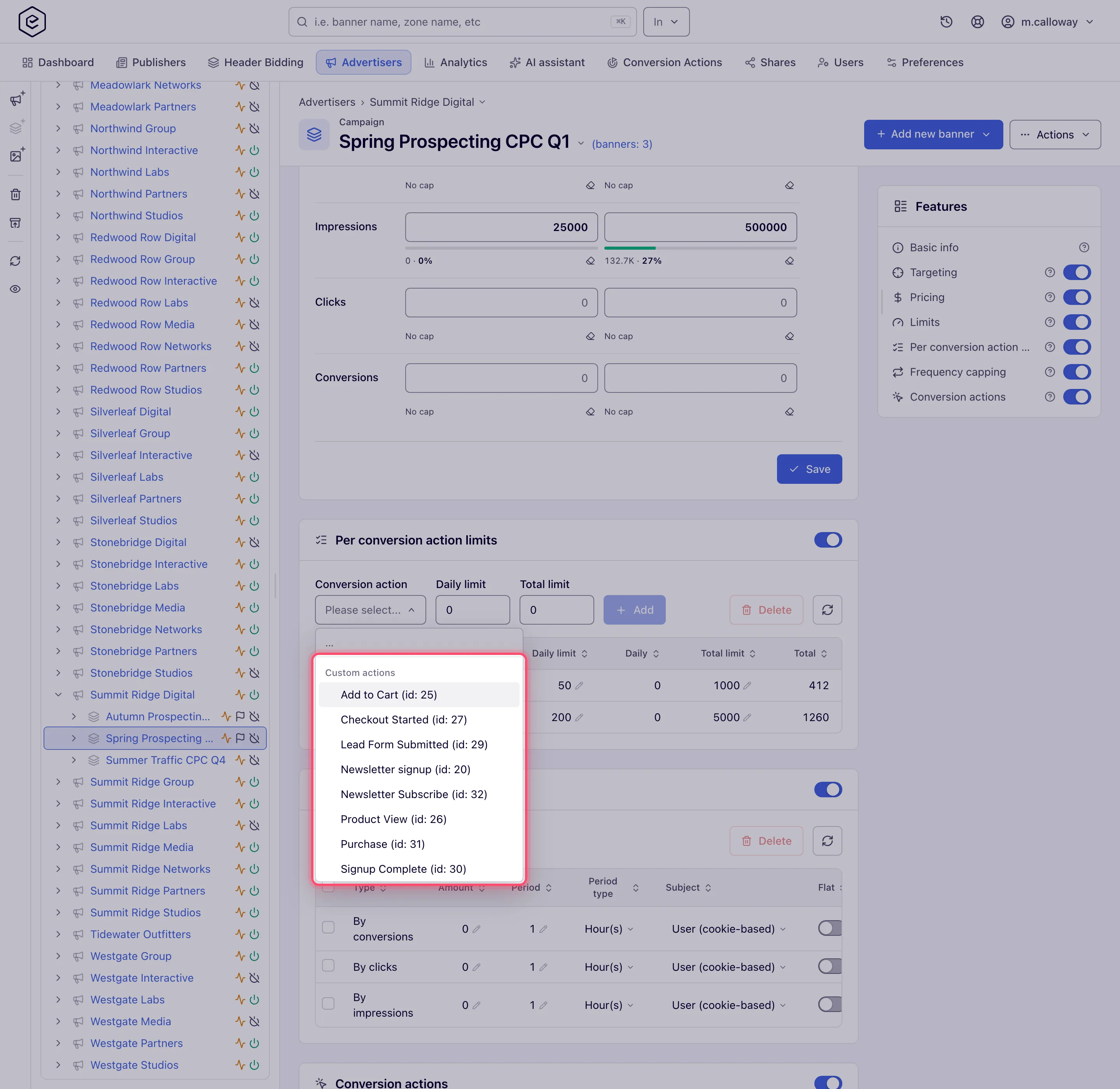 The Conversion action dropdown open, with the network's own actions listed first under the Custom actions group header
