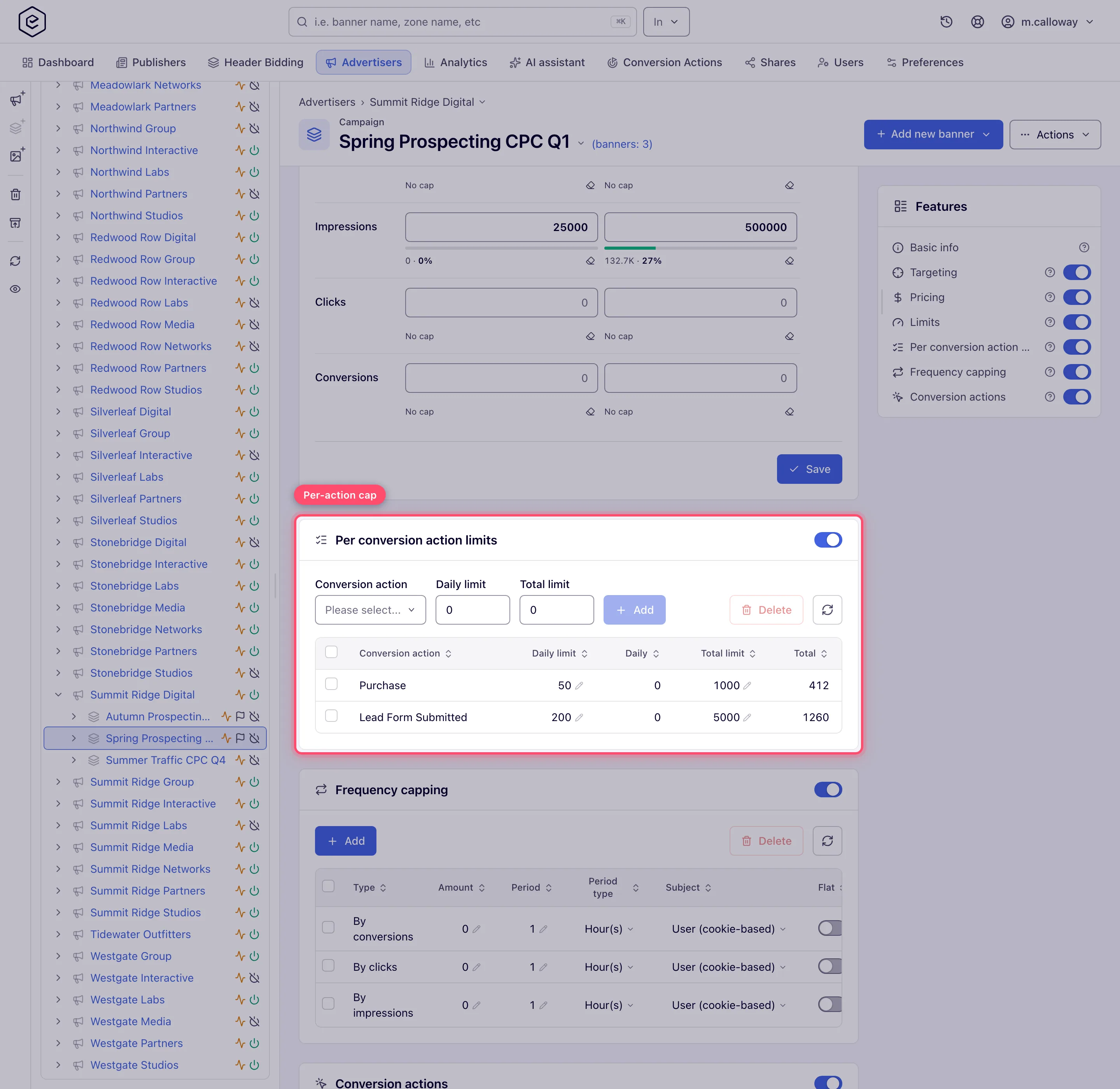 Campaign edit page with the Per conversion action limits card highlighted, showing two saved limit rows below the ordinary Limits card