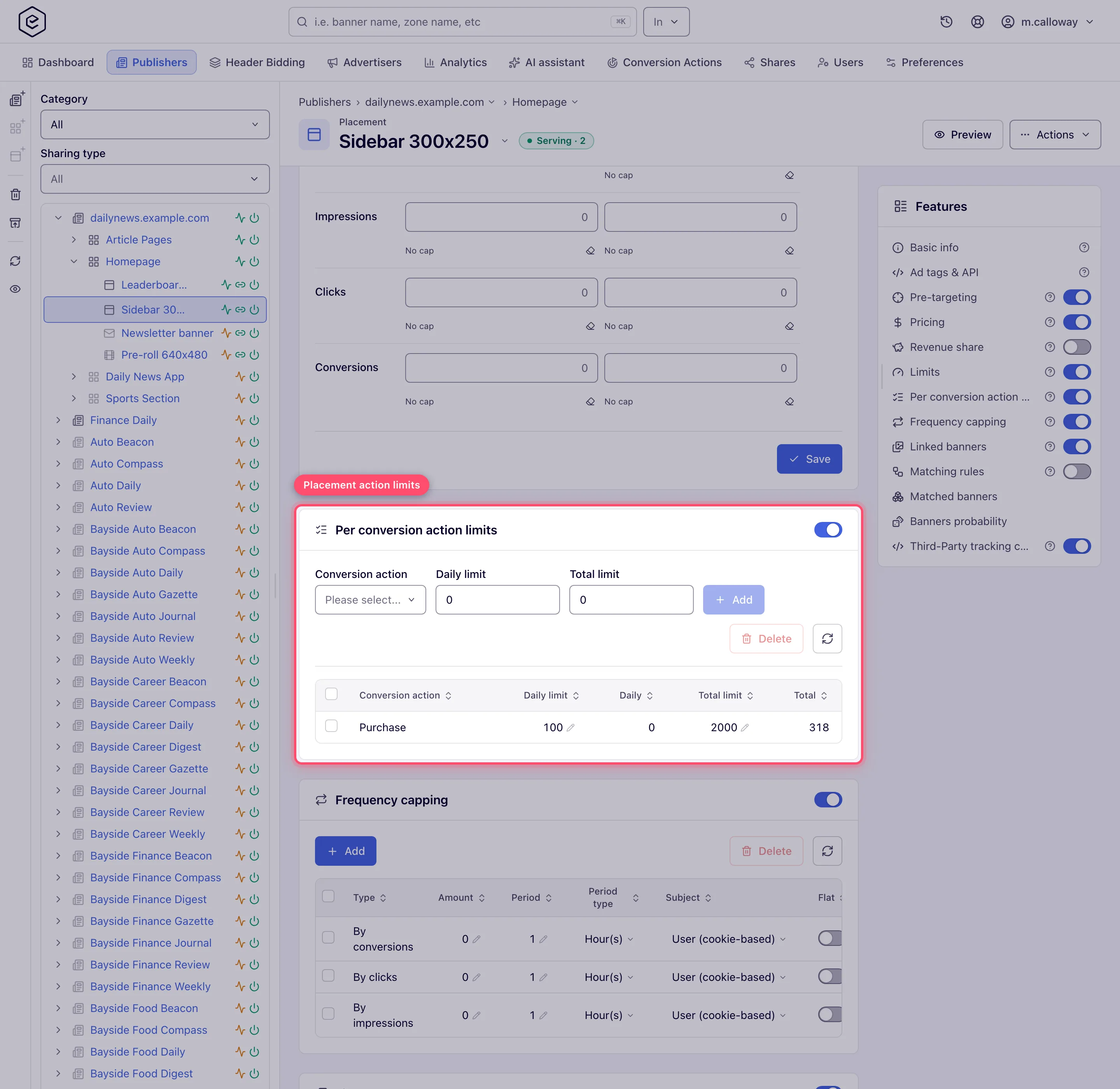 Placement edit page showing the same Per conversion action limits card with a saved row and the publisher-side toolbar