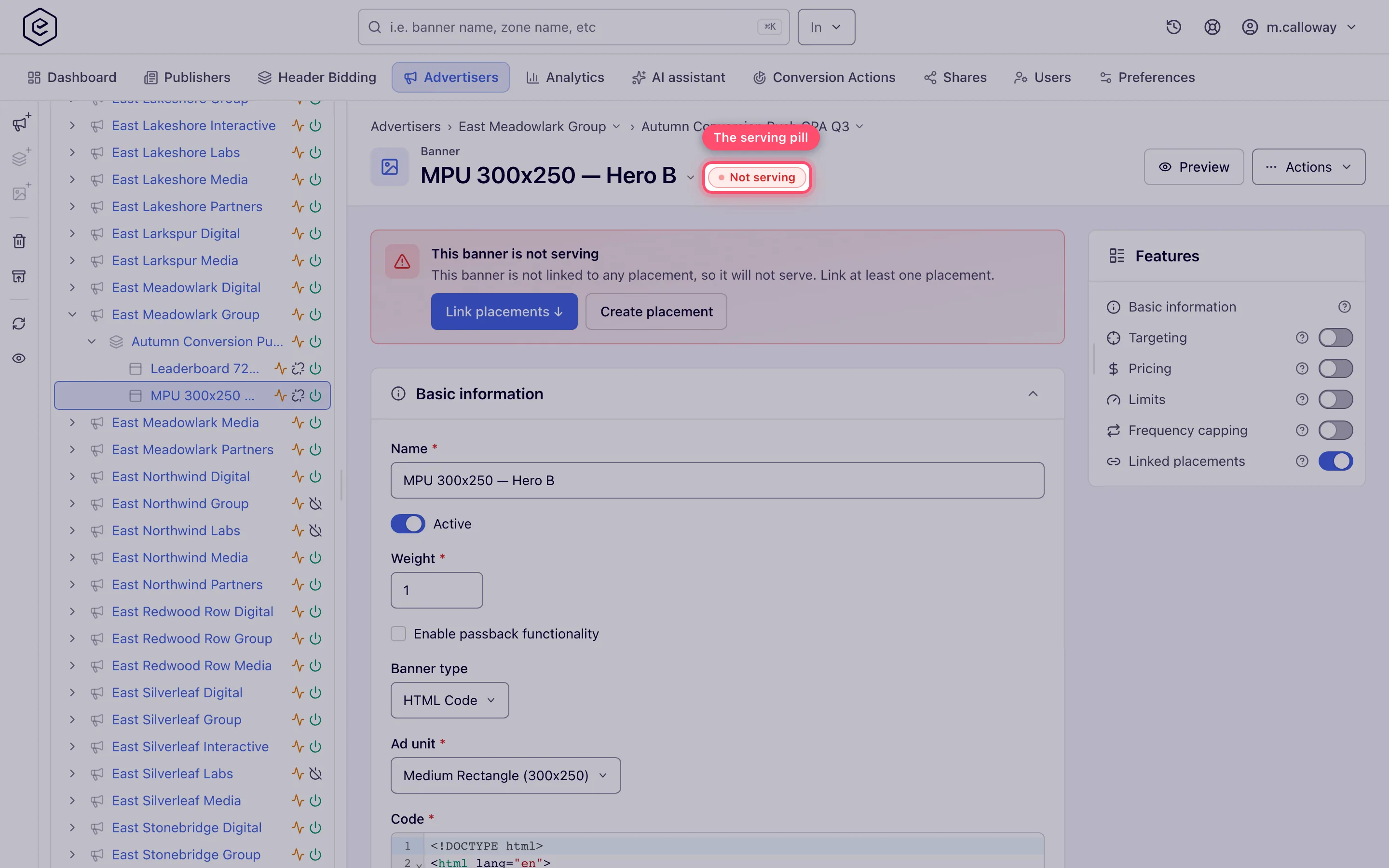 Banner edit page with the Not serving pill