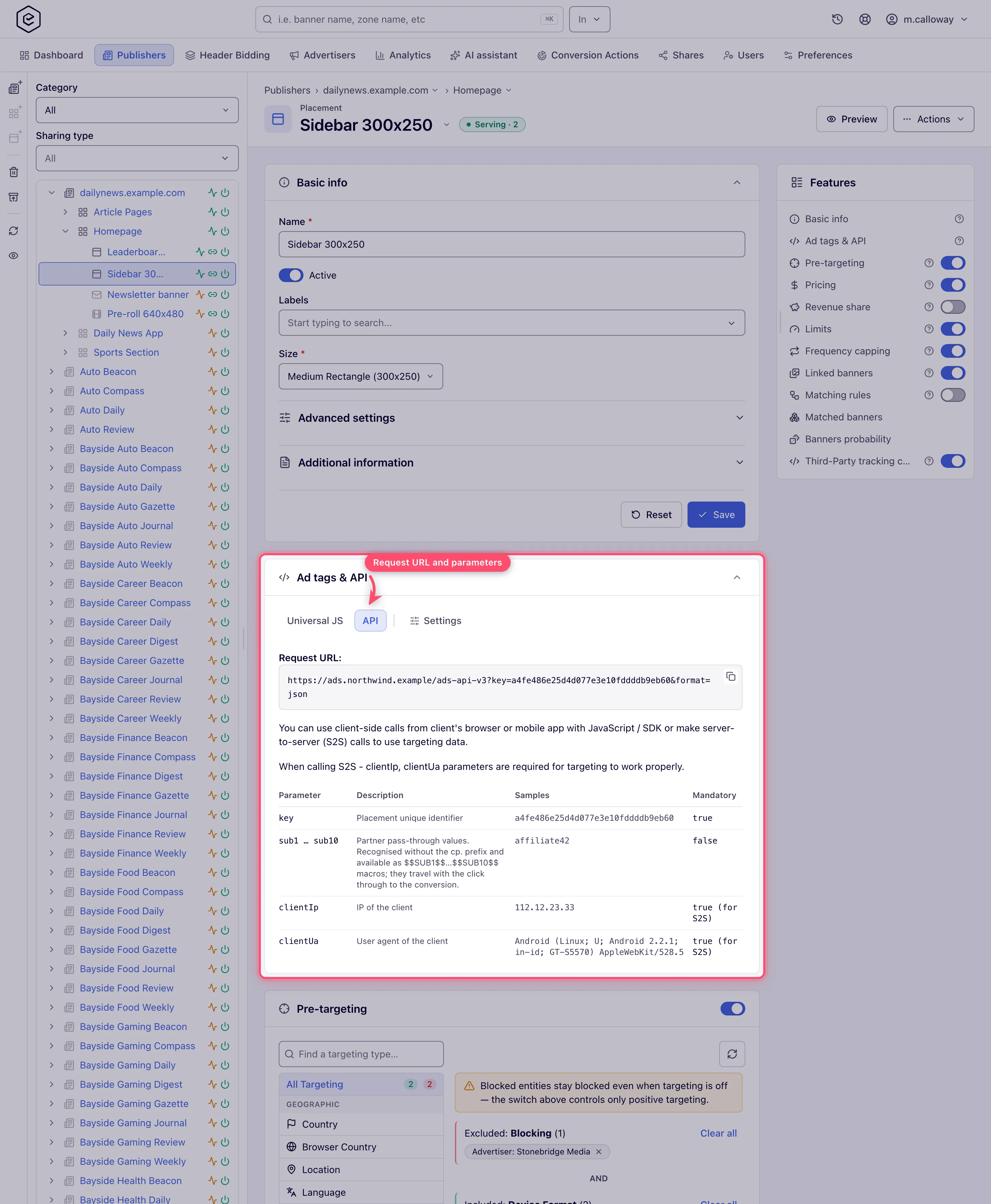 API tab with the request URL and the parameter table