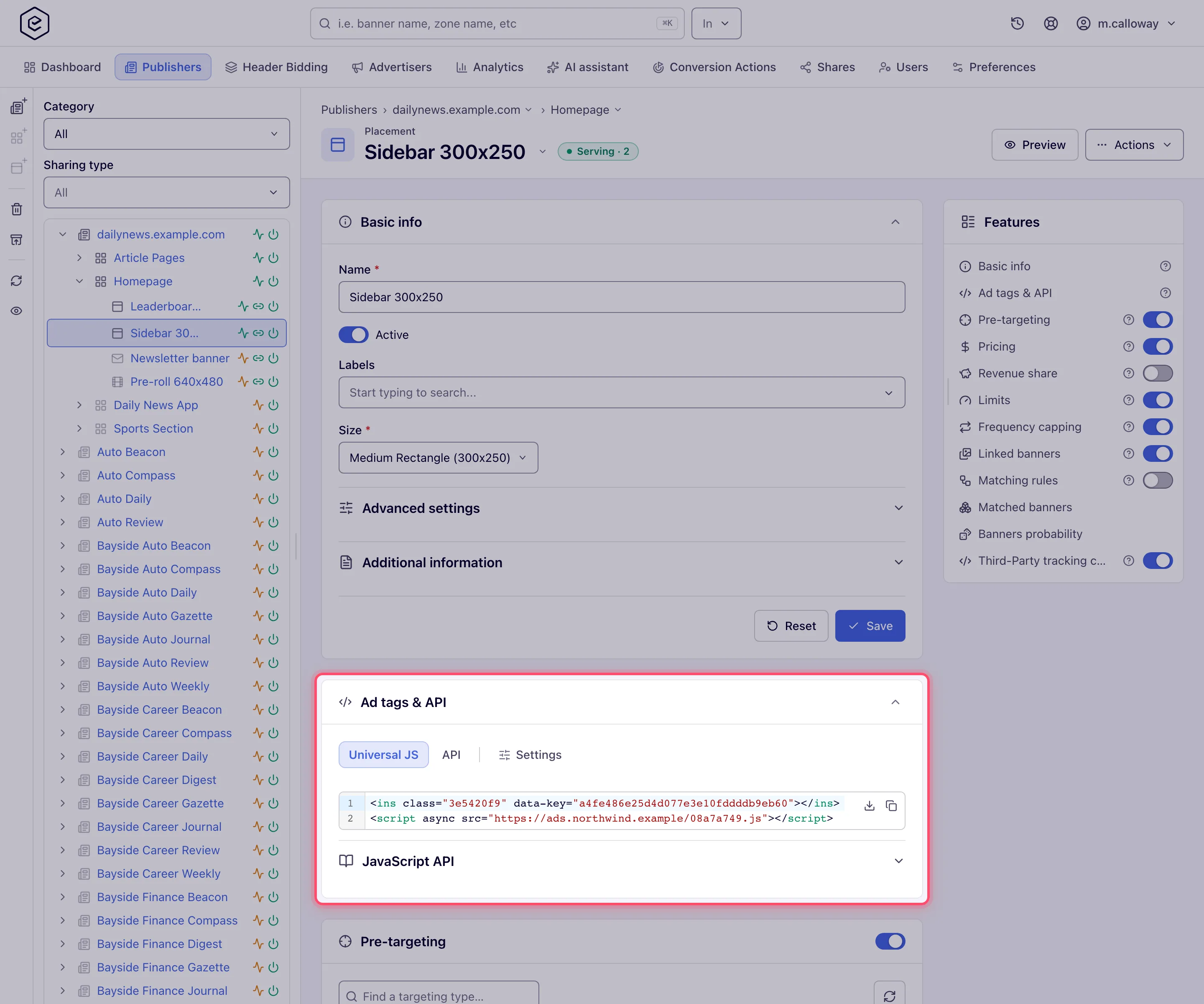 Ad tags & API card with the Universal JS tab and the generated code