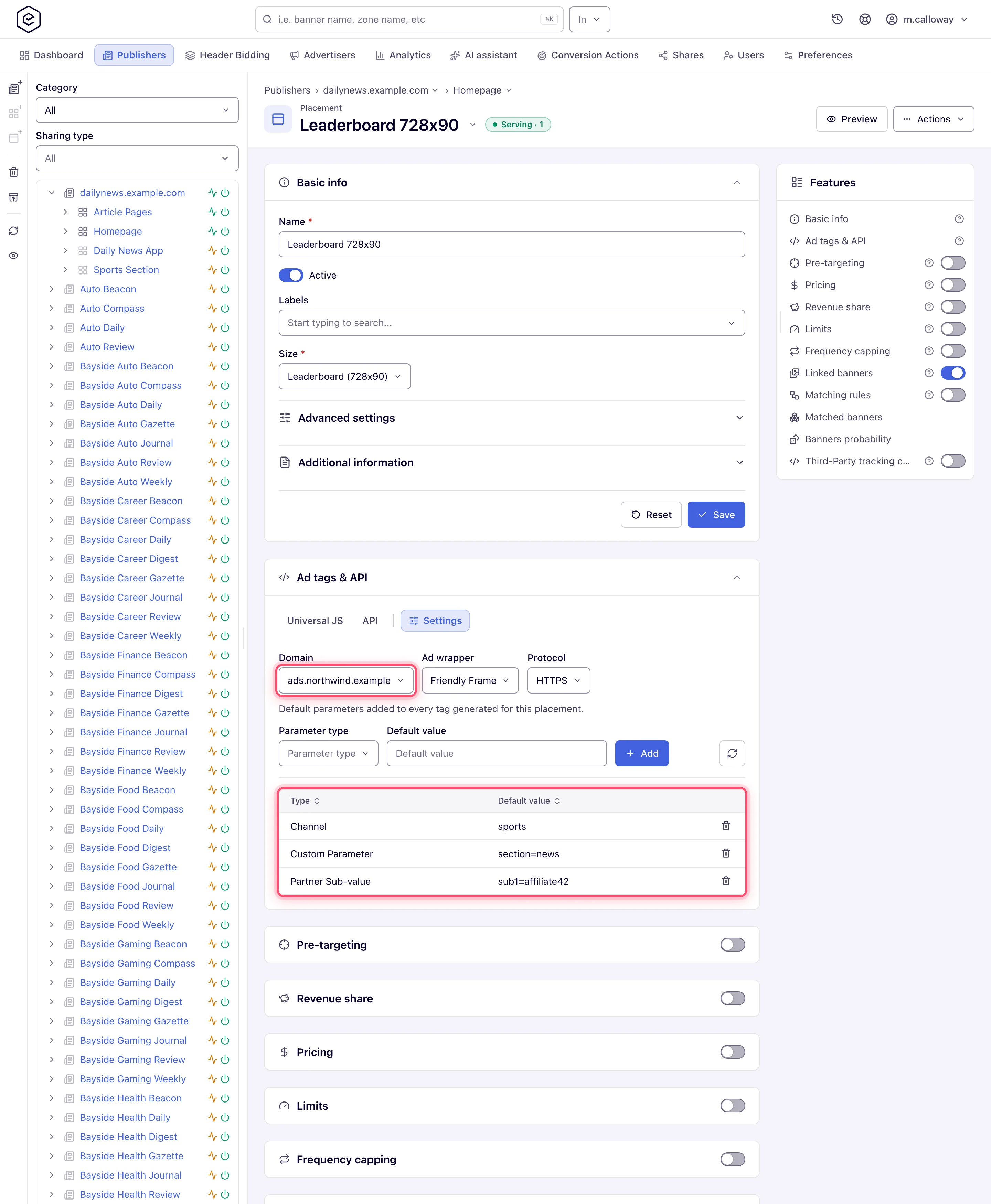 Settings tab with the Domain, Ad wrapper and Protocol controls and the default parameters grid
