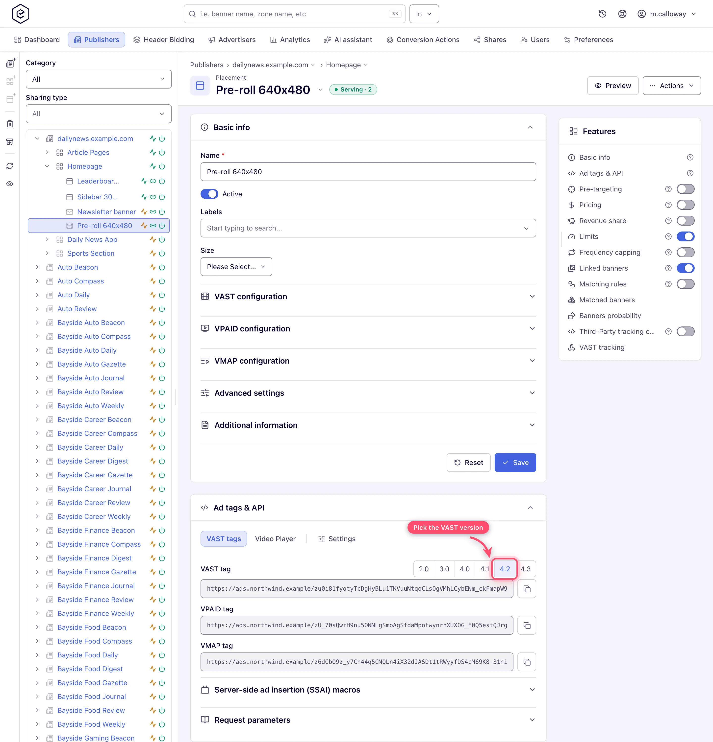 VAST tab with the VAST tag field, its version picker, and the VPAID and VMAP tags