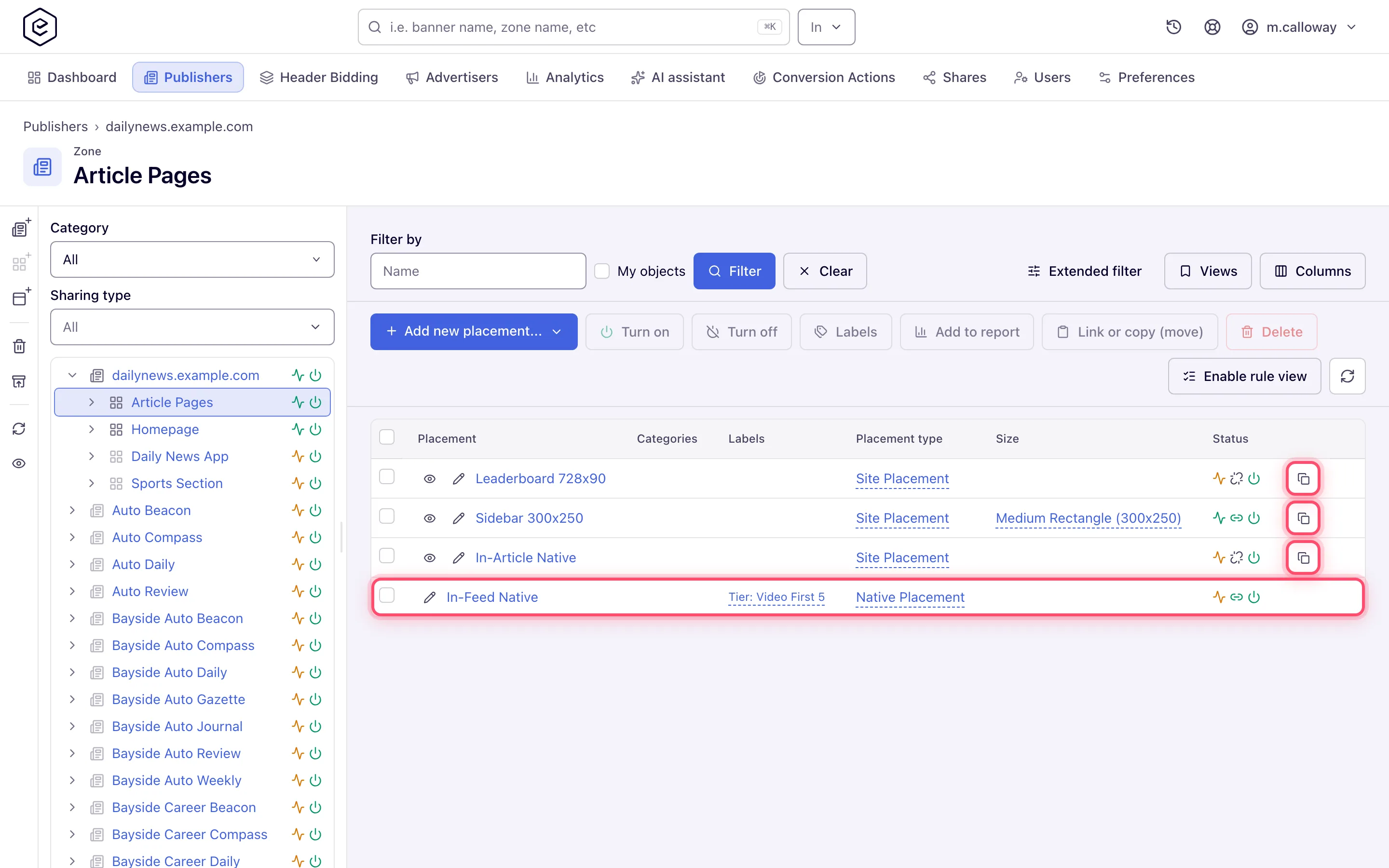 Copy ad tag icon at the end of each taggable placement row in the zone's placements grid
