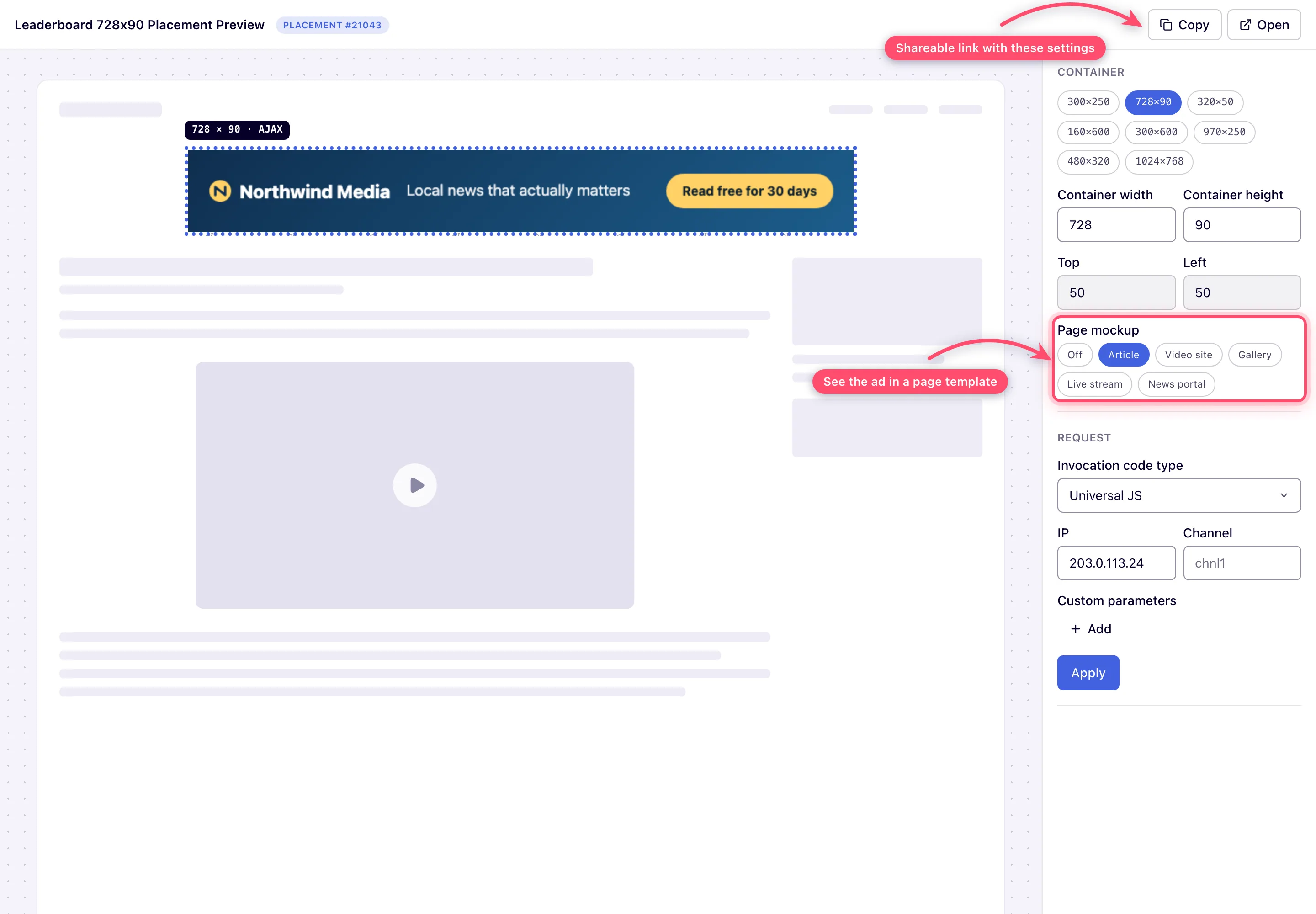 Placement preview page rendering a leaderboard banner inside an article page mockup