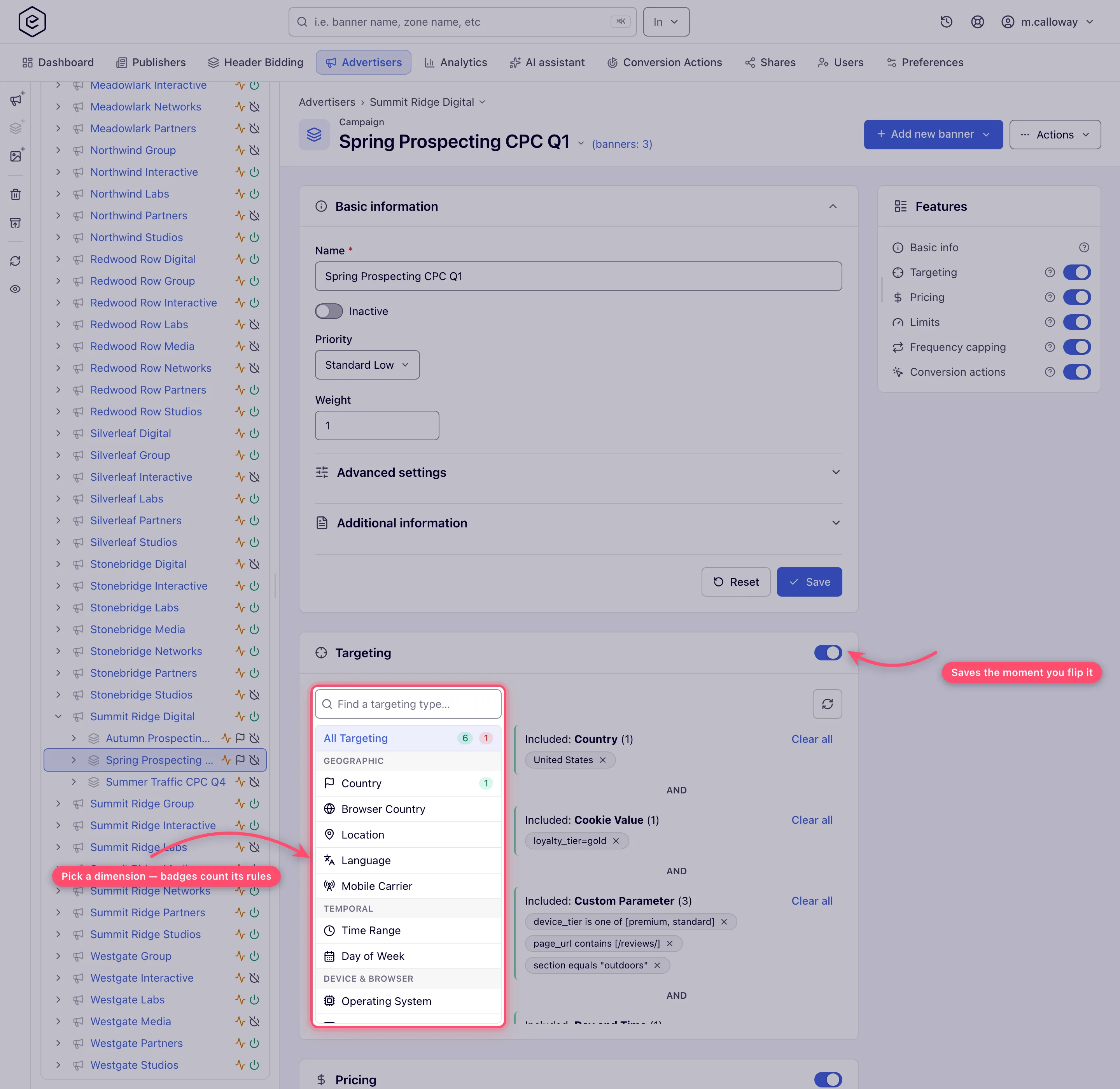 Campaign Targeting card with the dimension list and saved rule groups