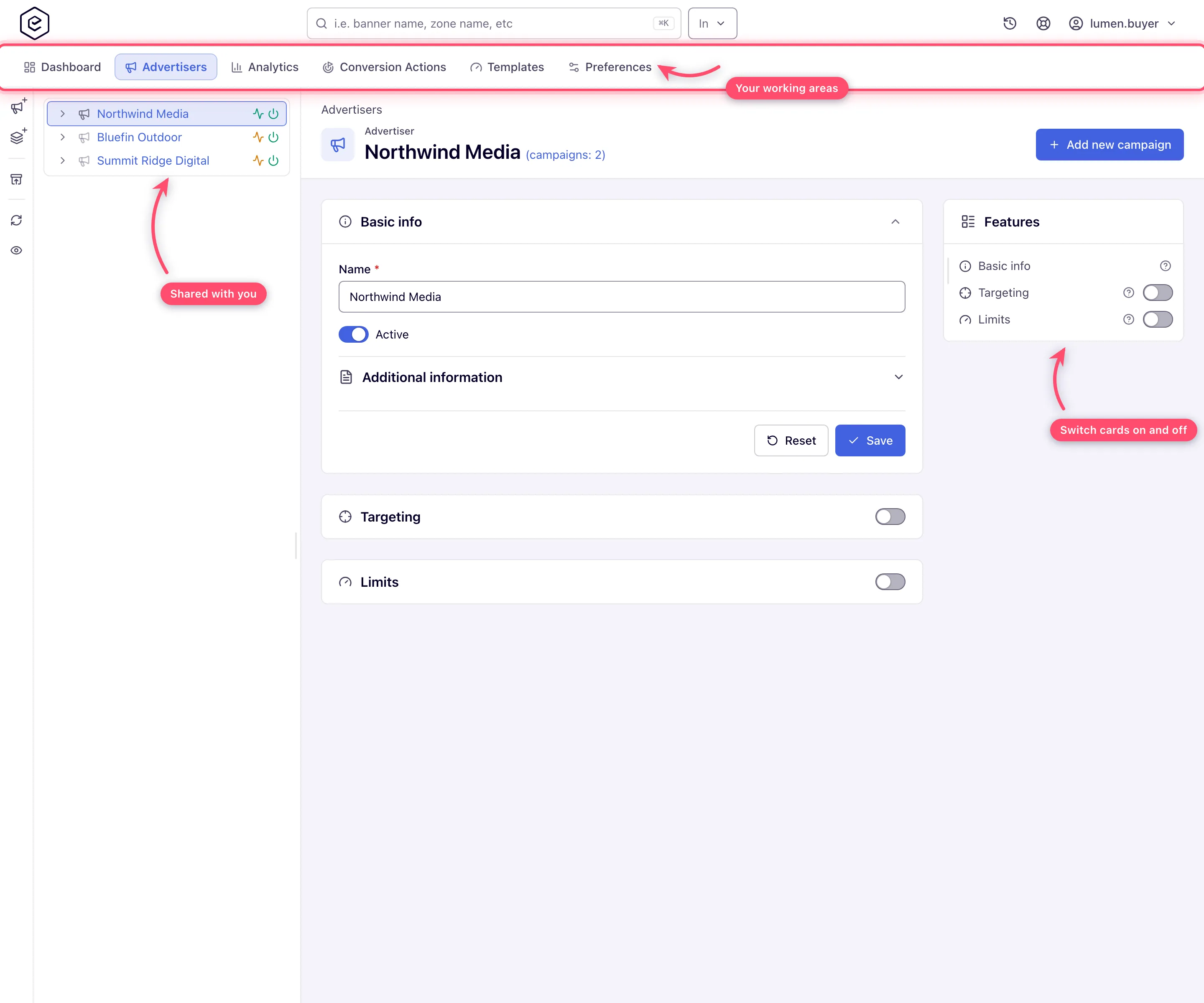 An advertiser's account area, with the advertisers shared with them in the tree and one open for editing