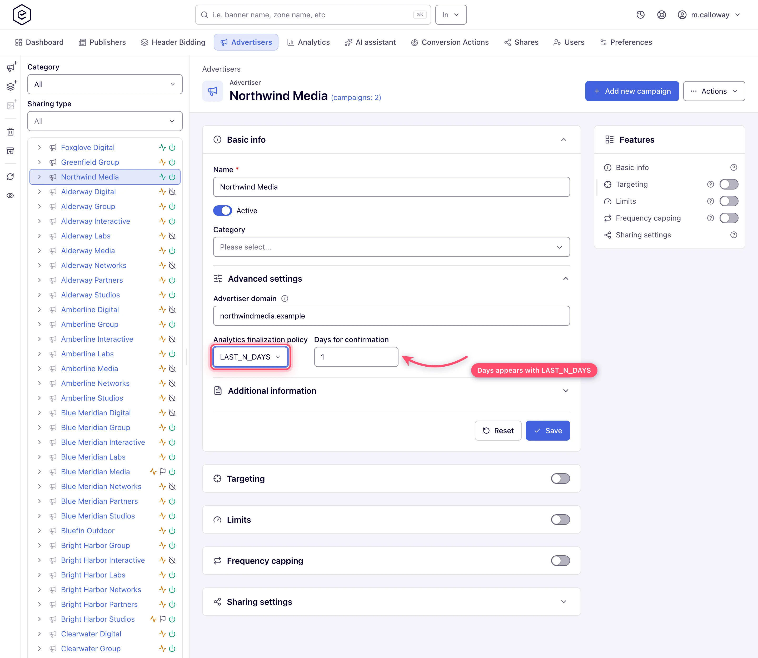 Advanced settings on a saved advertiser, with the finalization policy and its dependent field