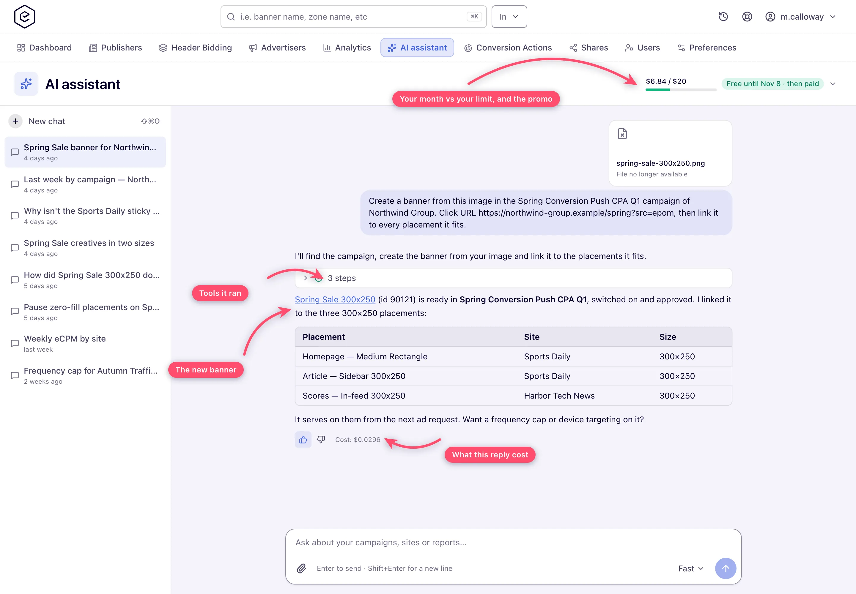 AI assistant chat with tool steps, a link to the created banner, the reply cost and the compact spend meter