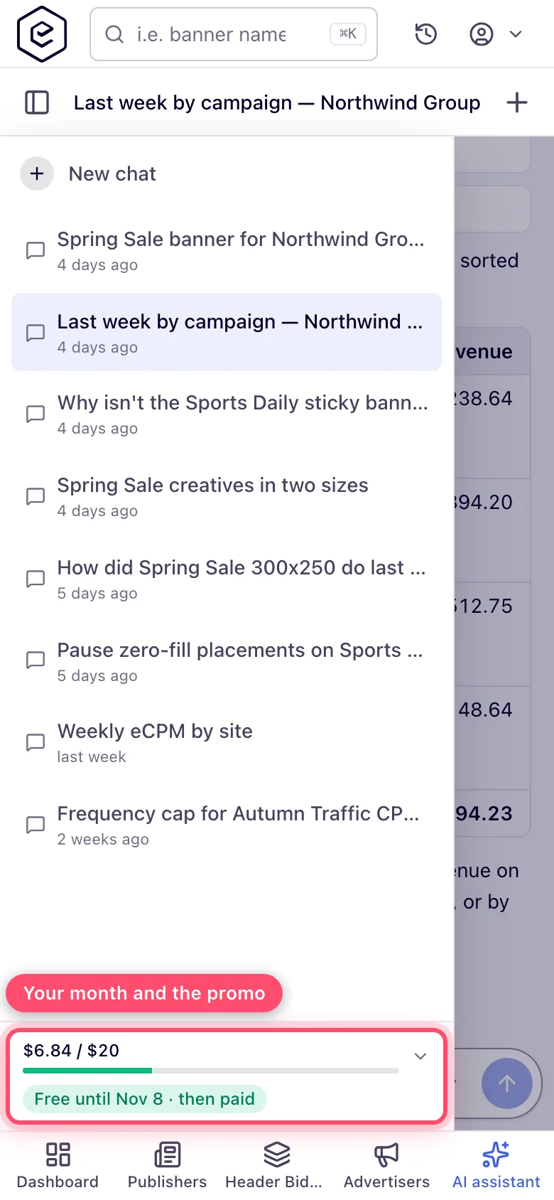 On a phone the spend meter sits at the bottom of the chat list