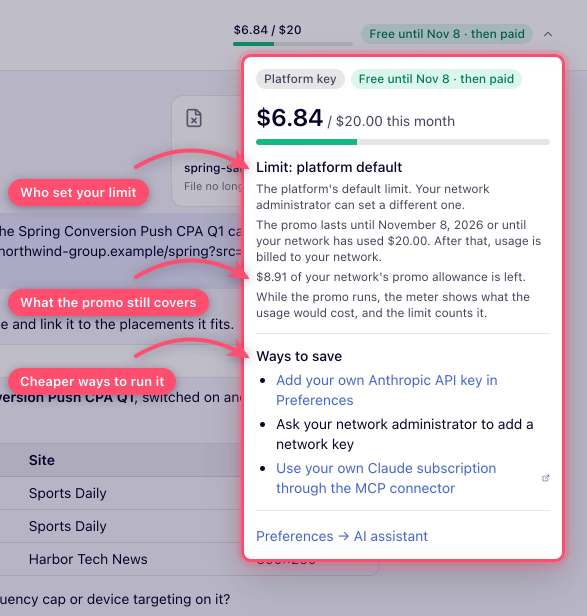 Spend meter details: key, limit, promo and ways to save
