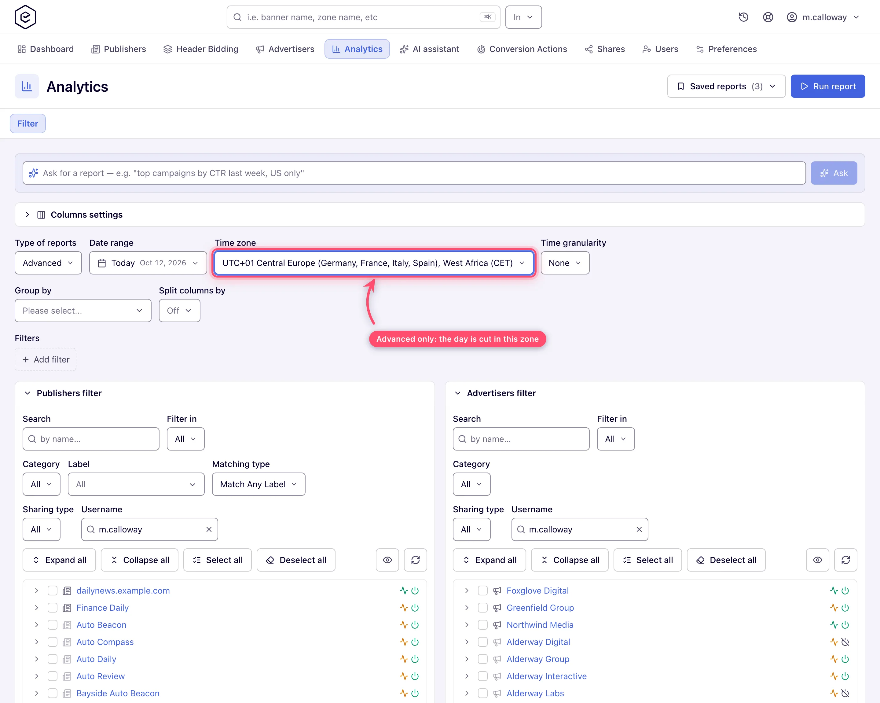 Advanced report time zone selector