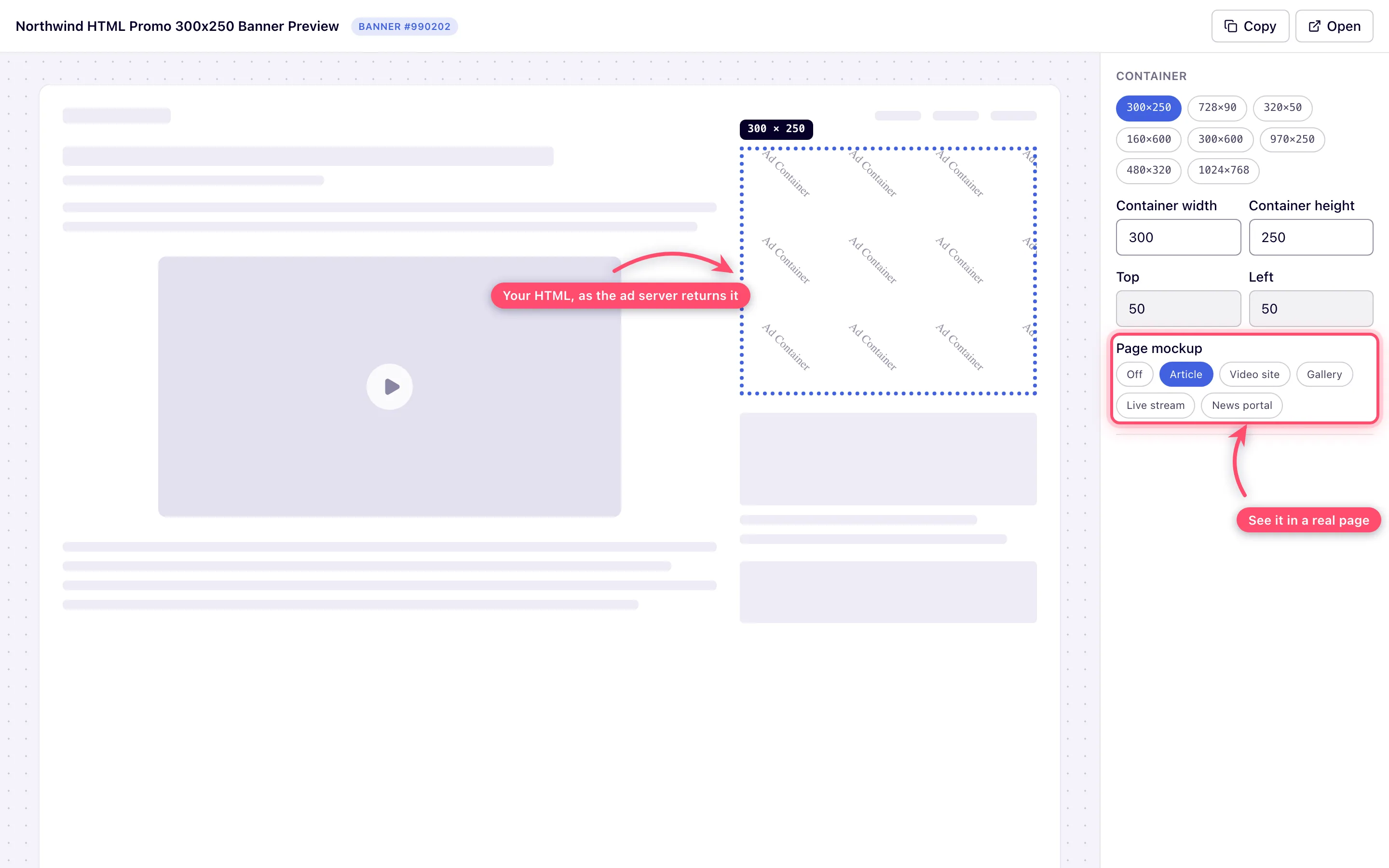 The Code banner rendered in the preview window