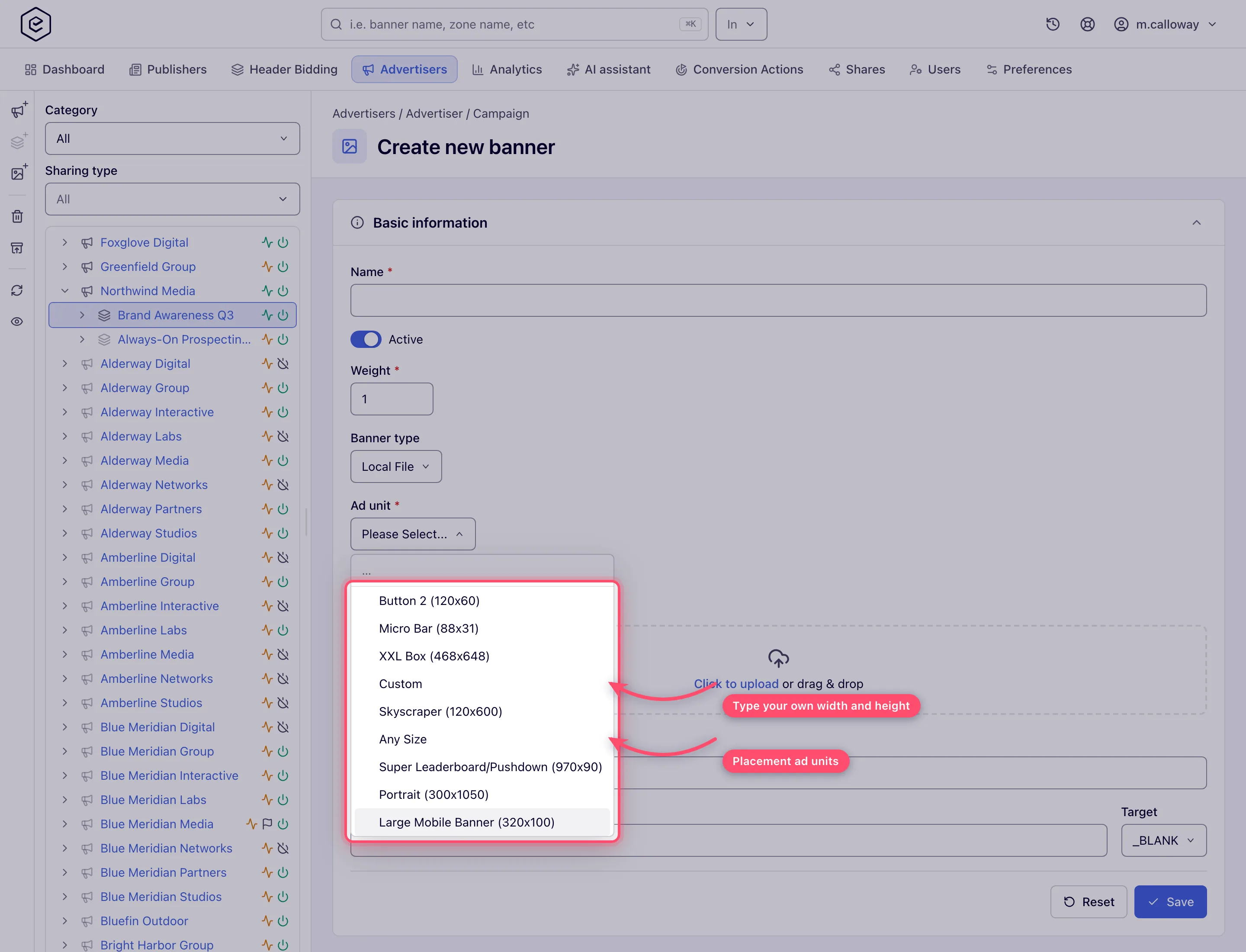 Ad unit dropdown