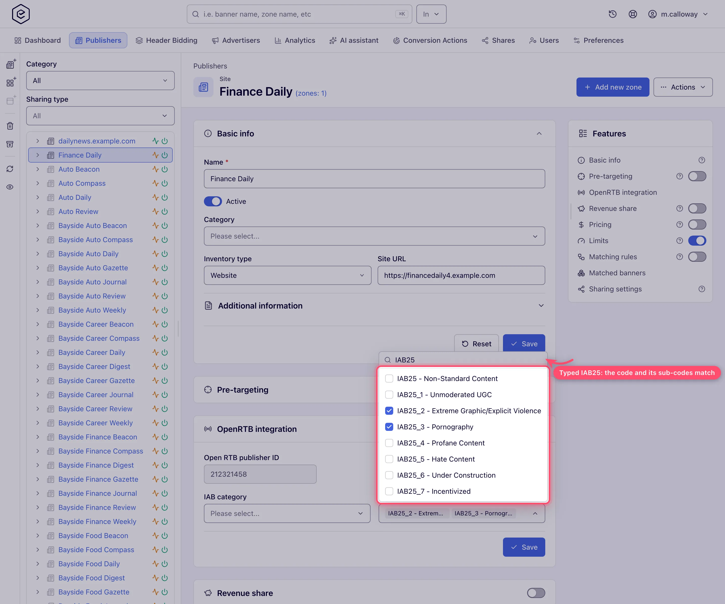 The Blocked IAB category picker open with IAB25 typed, listing IAB25 and its sub-codes with IAB25_2 and IAB25_3 ticked