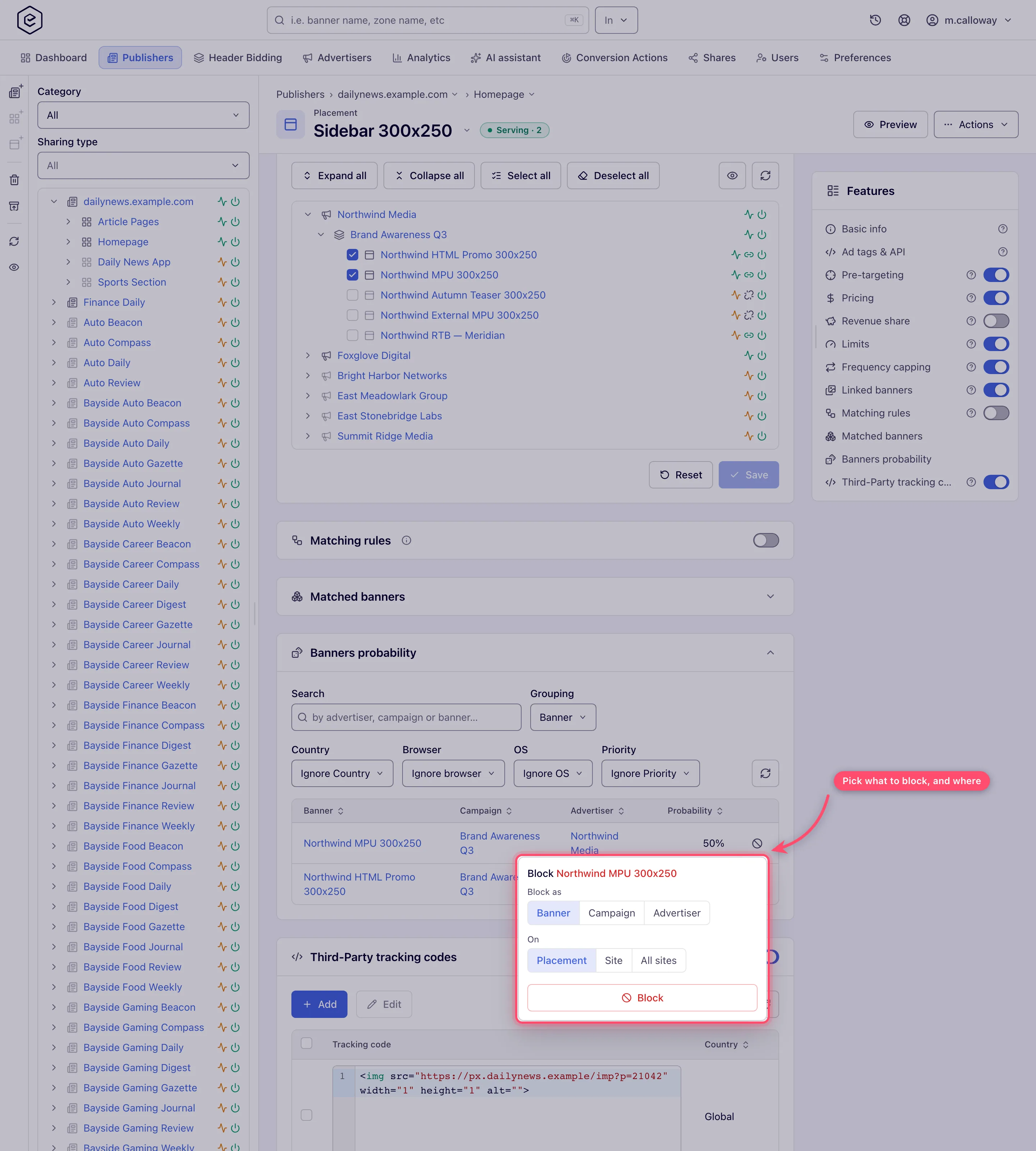 Banners probability grid with the Block popover open