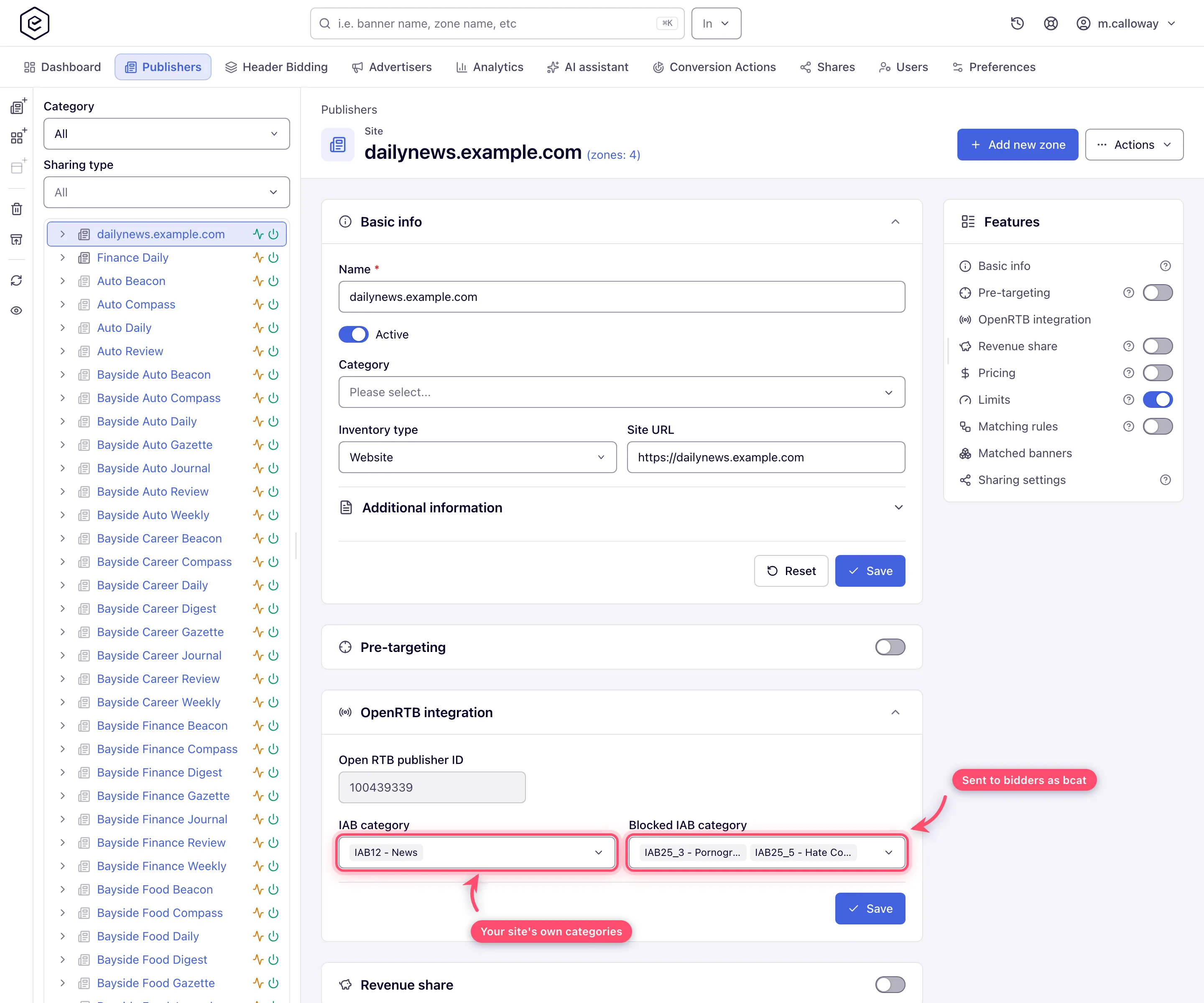 Site edit page with the OpenRTB integration card open
