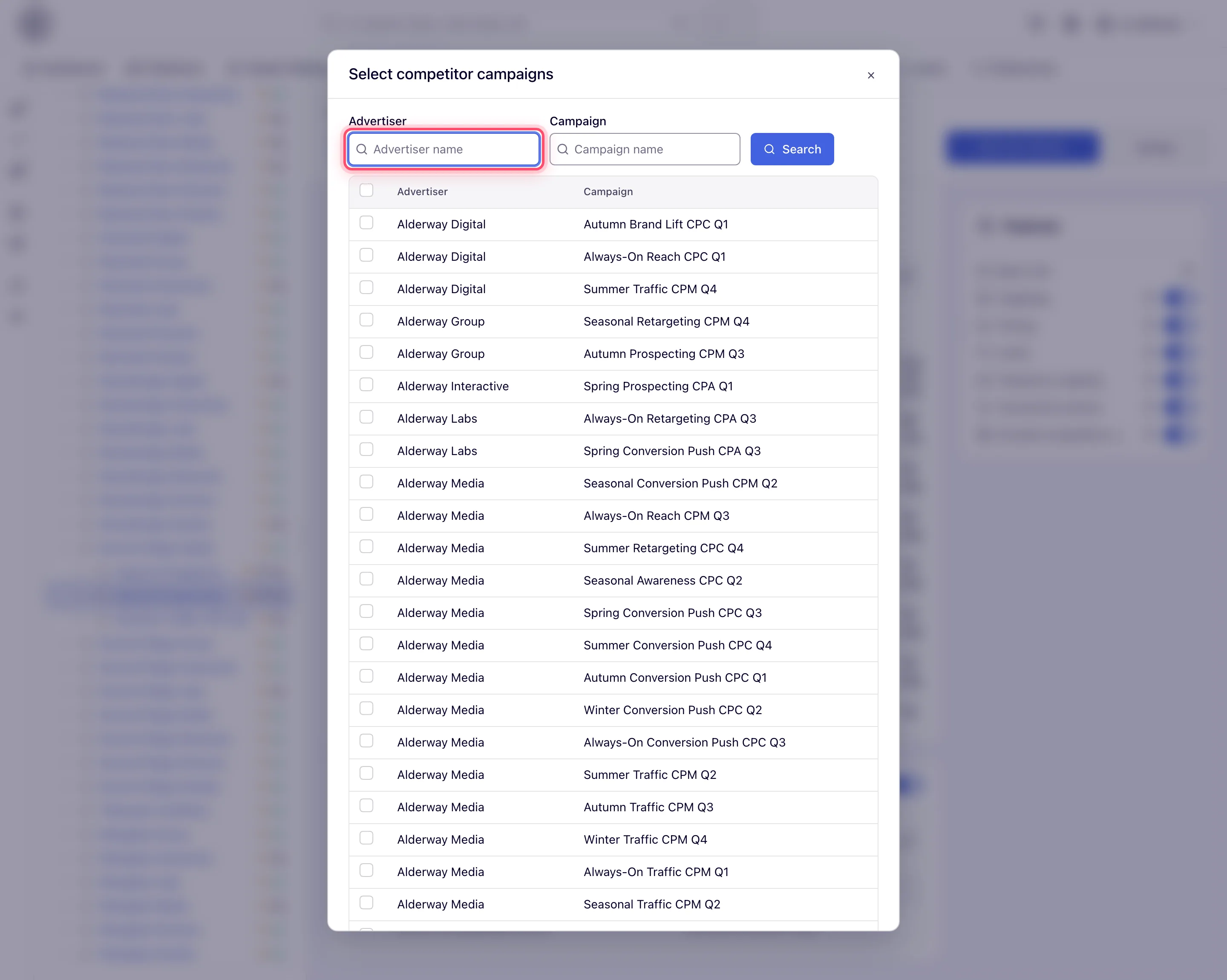 Select competitor campaigns dialog