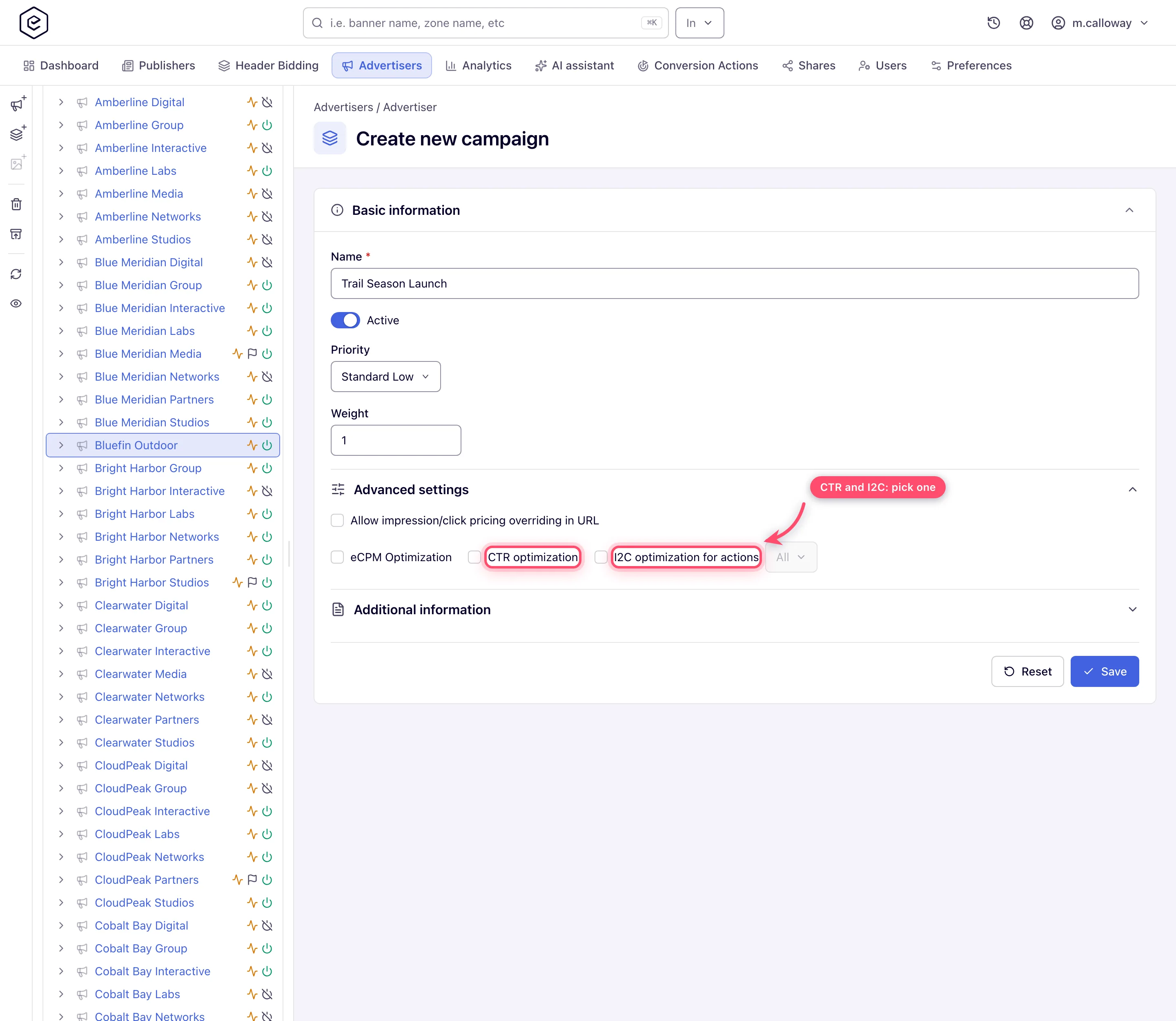 Advanced settings on the create form