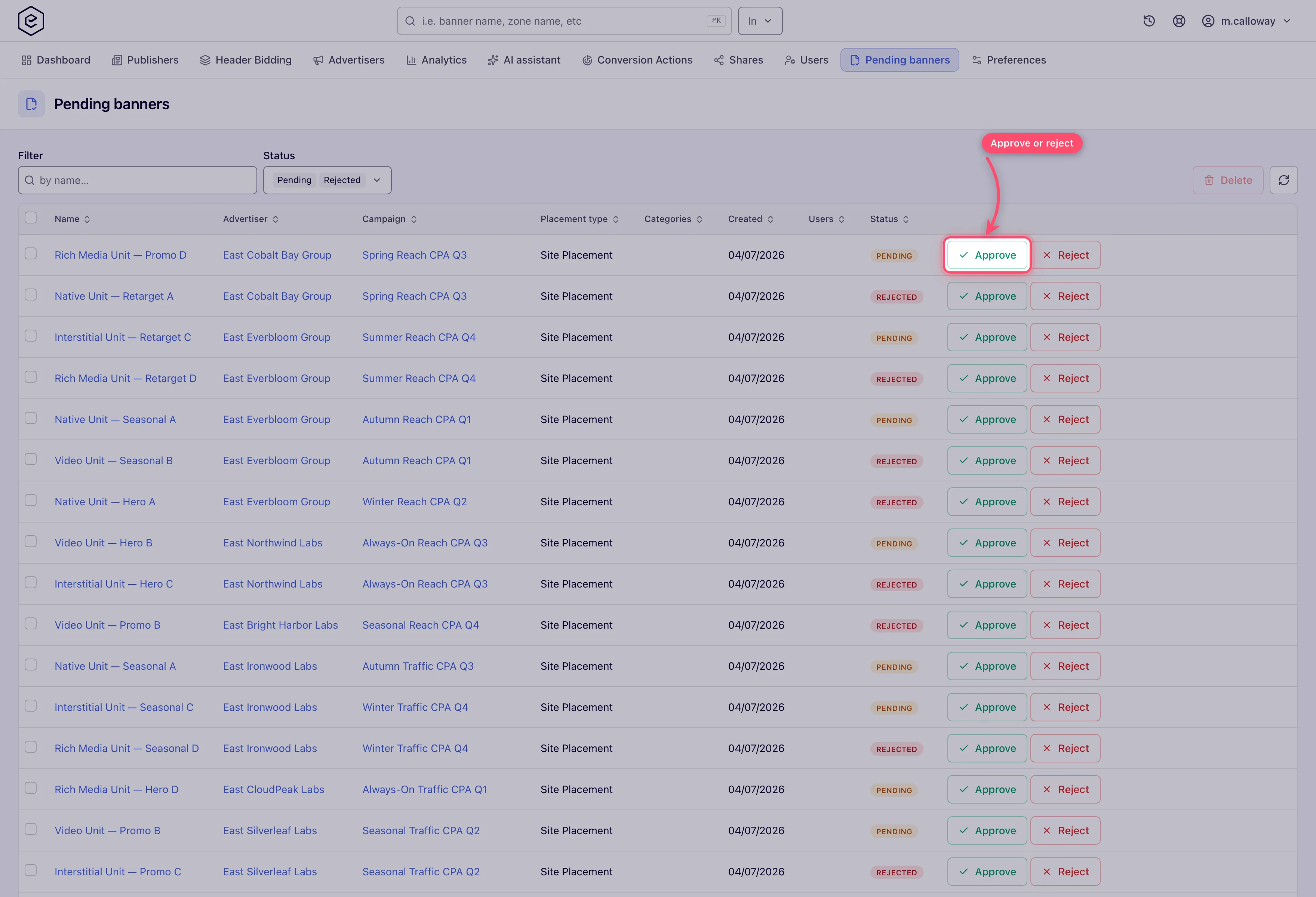 Pending banners queue with per-row approve and reject buttons