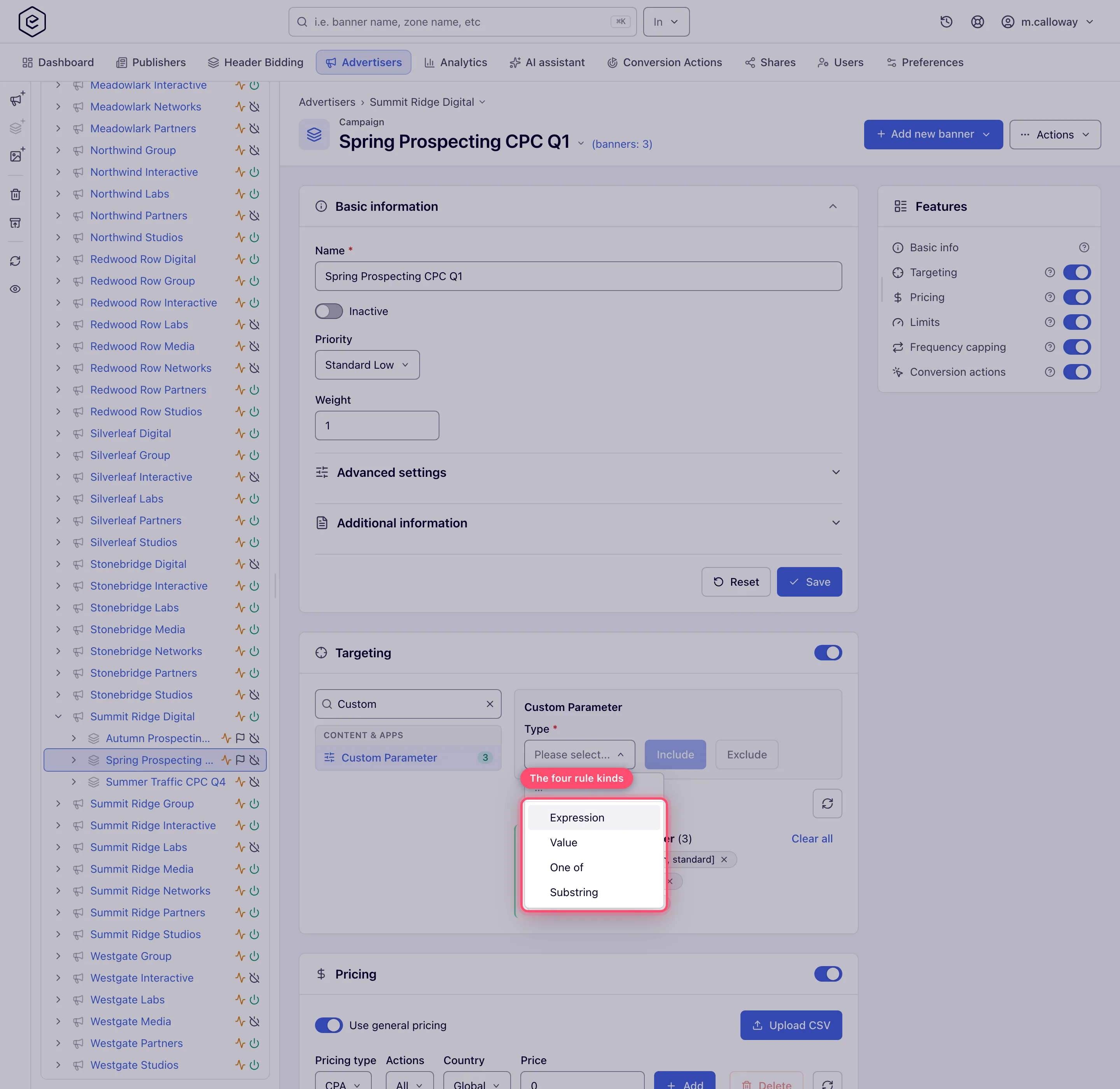 Targeting card with the Custom Parameter Type dropdown open showing Expression, Value, One of and Substring