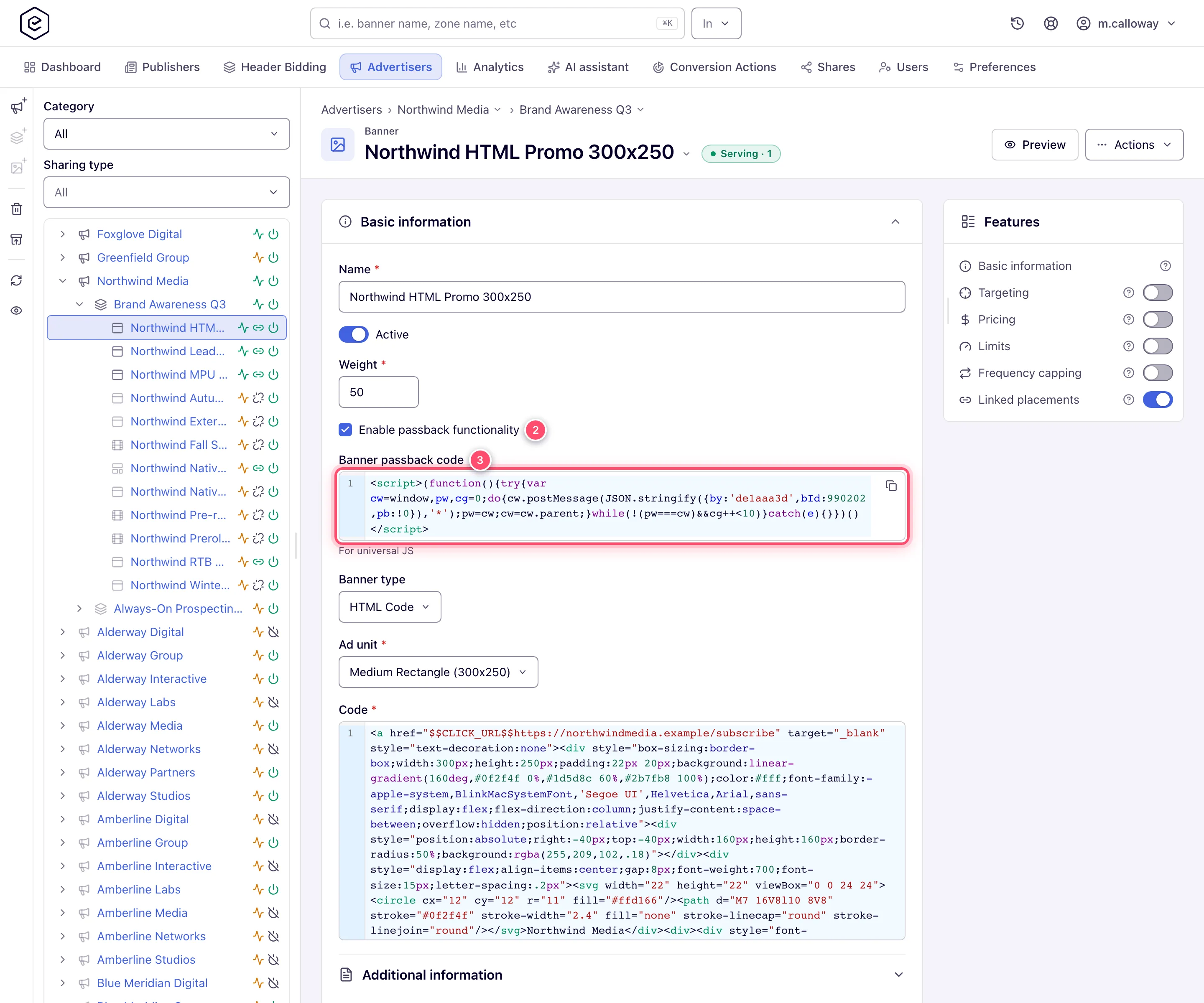 Banner Basic information with Enable passback functionality ticked and the Banner passback code snippet below it