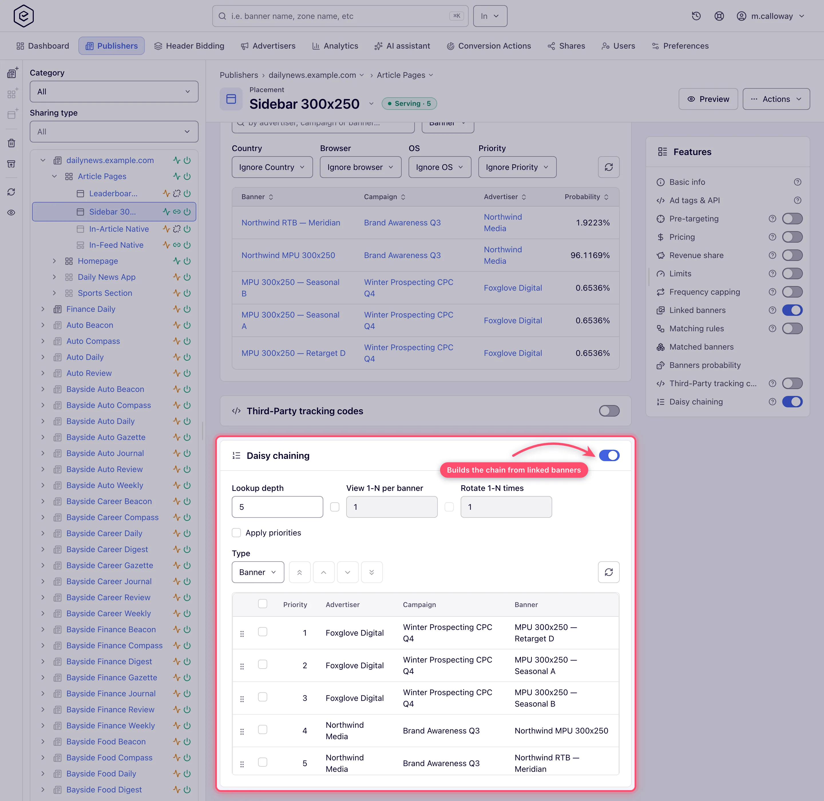 Daisy chaining card with its settings and the first rows of the auto-populated chain
