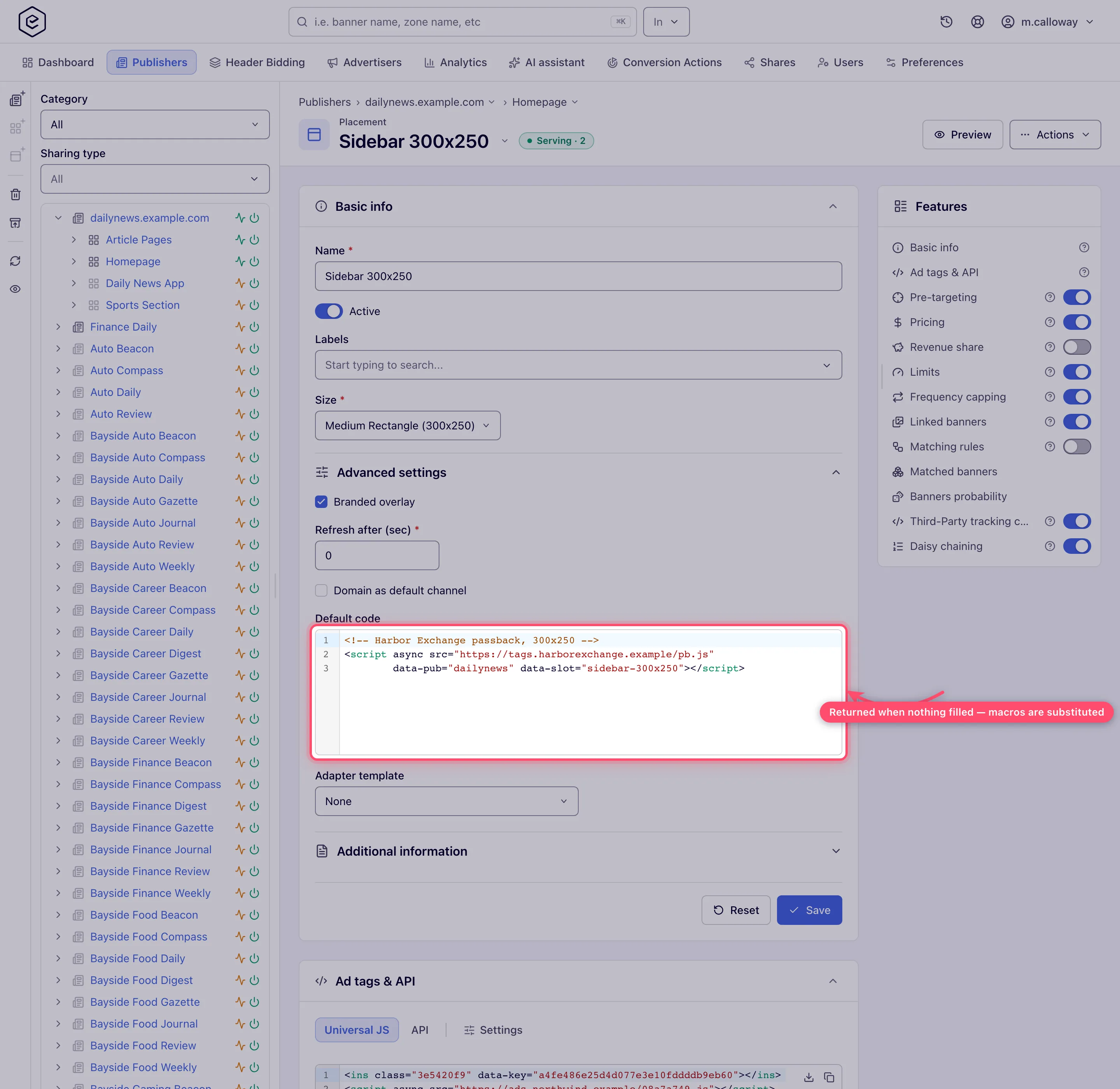 Default code inside Advanced settings