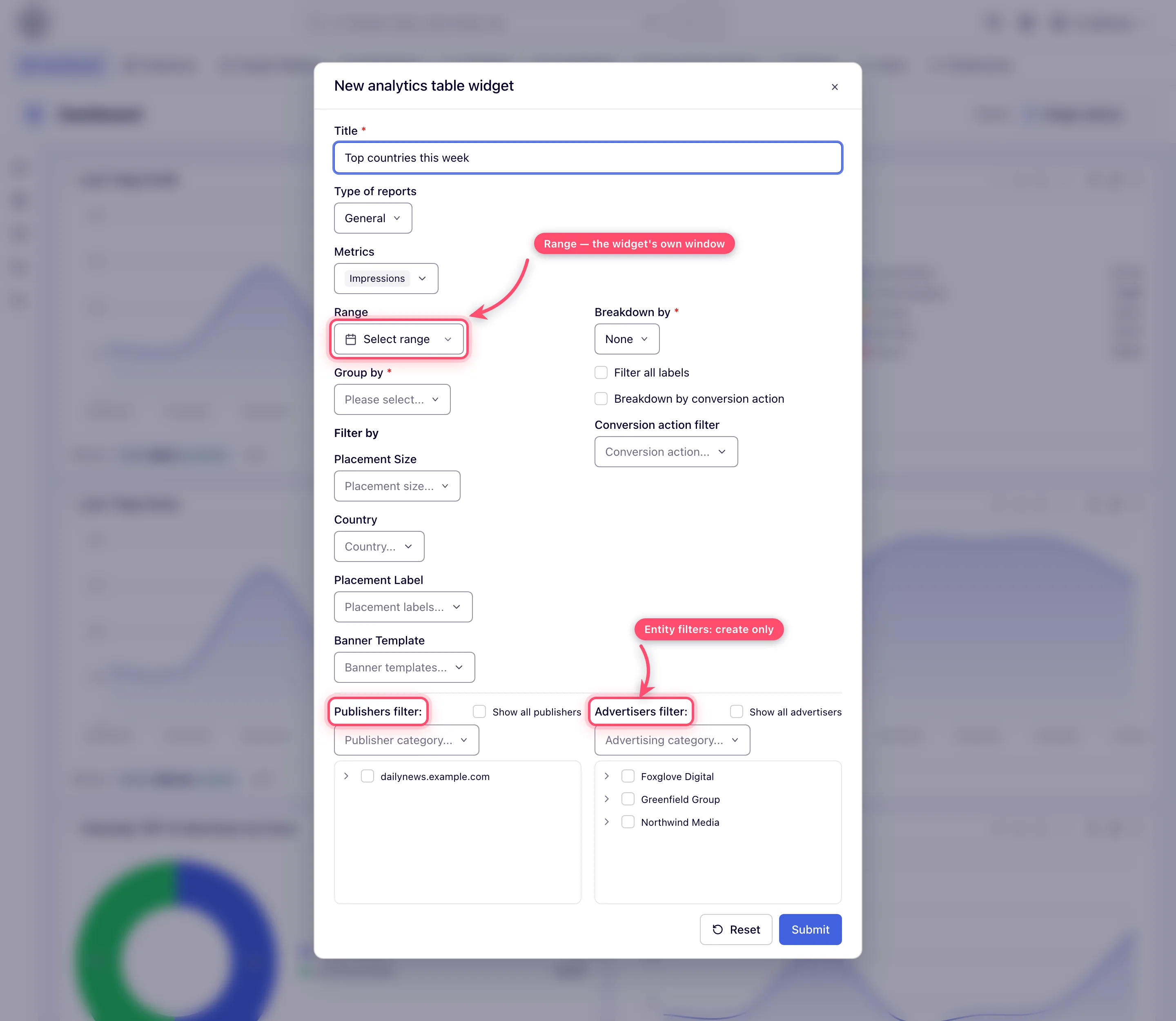 New analytics table widget dialog