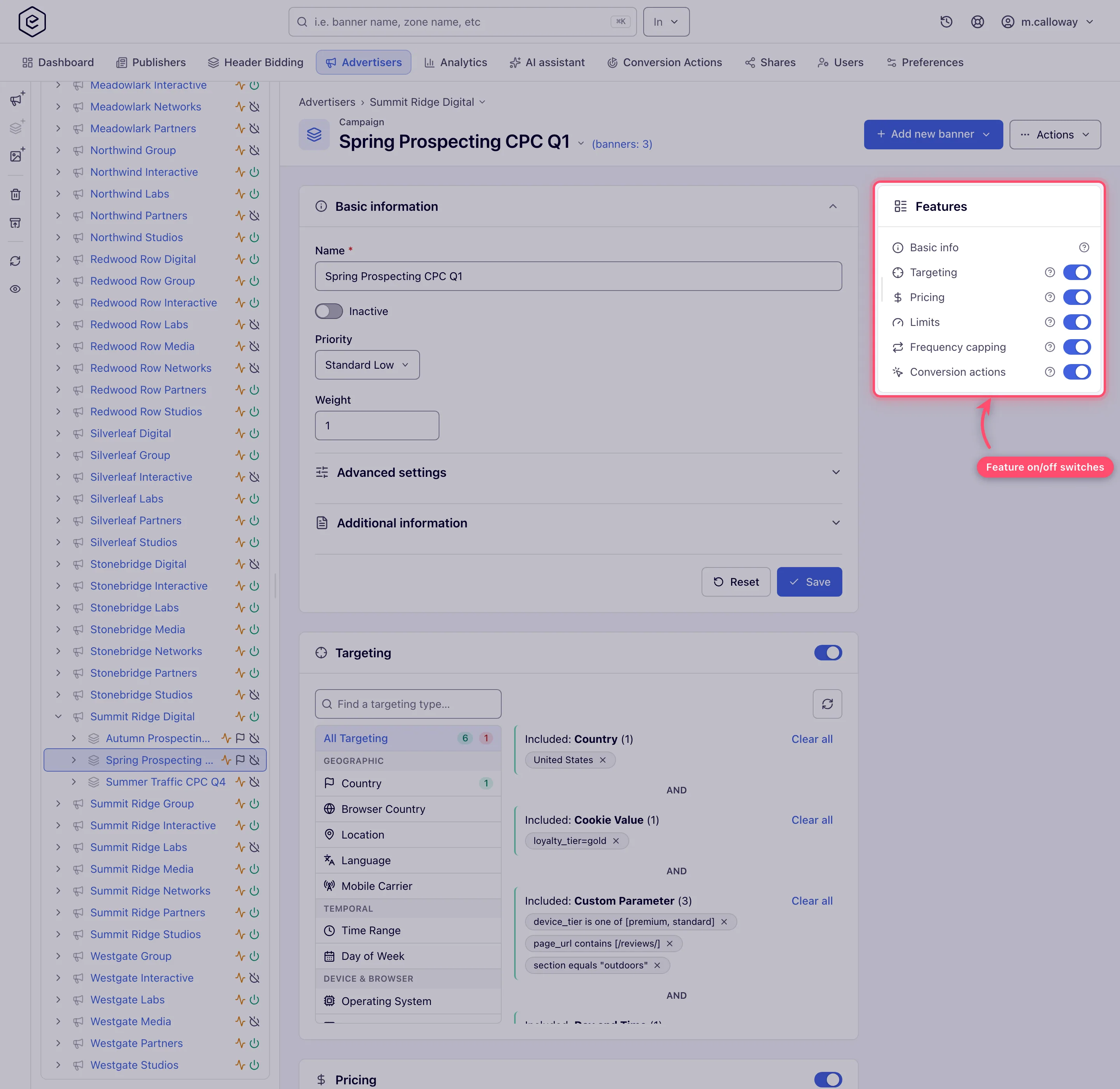Campaign edit page with the Features rail highlighted