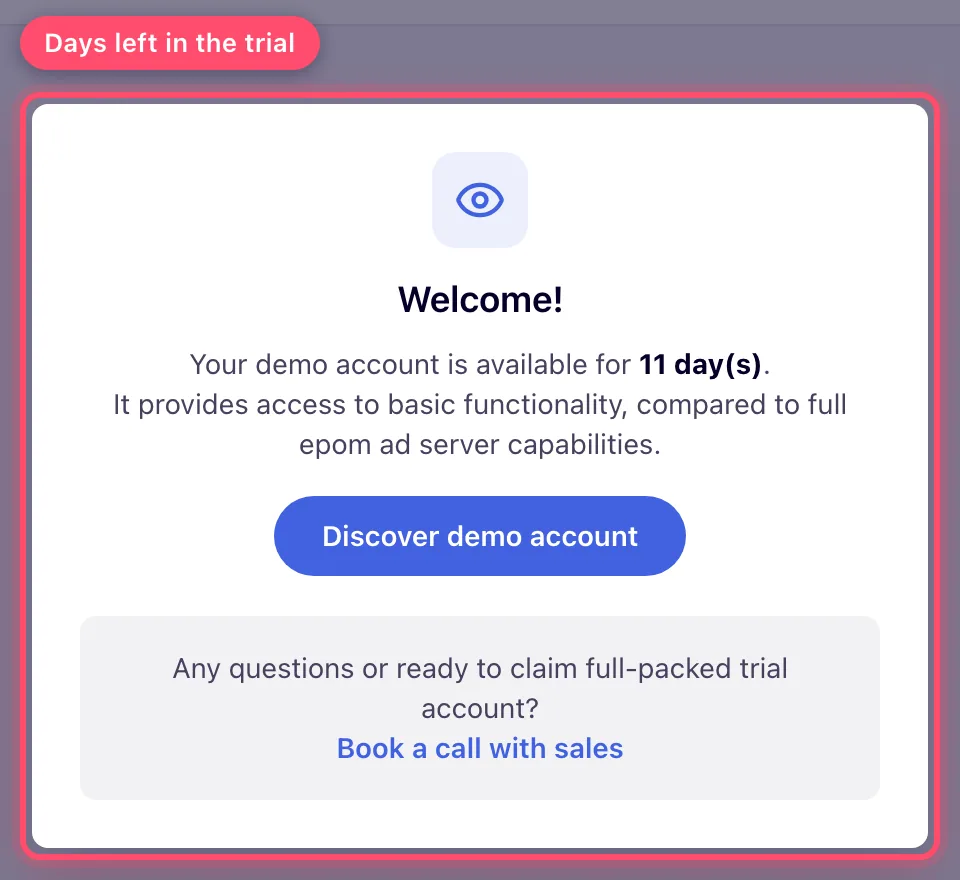 Demo welcome overlay showing the remaining trial days