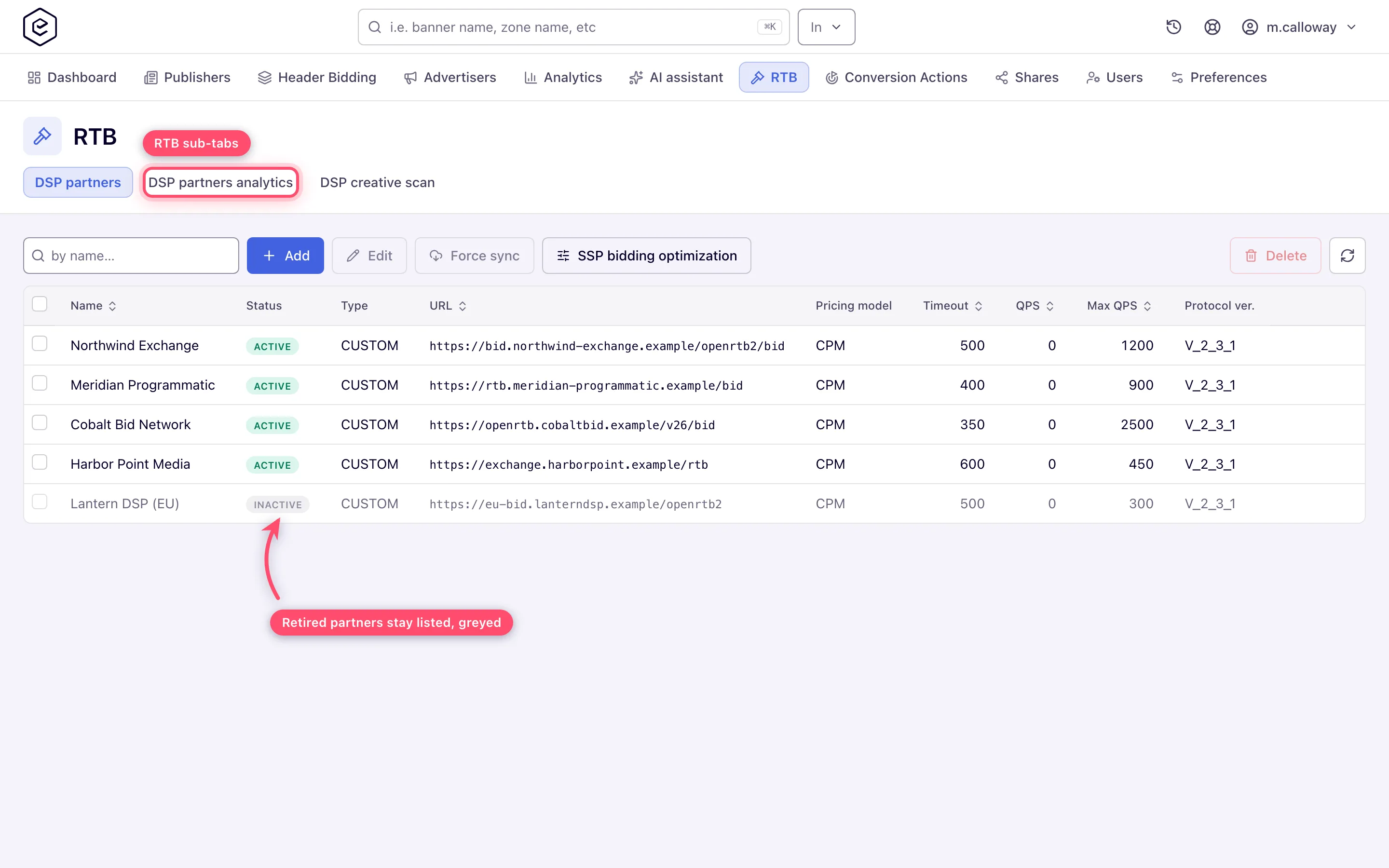 The account-side RTB tab with DSP partners, its three sub-tabs and an inactive partner