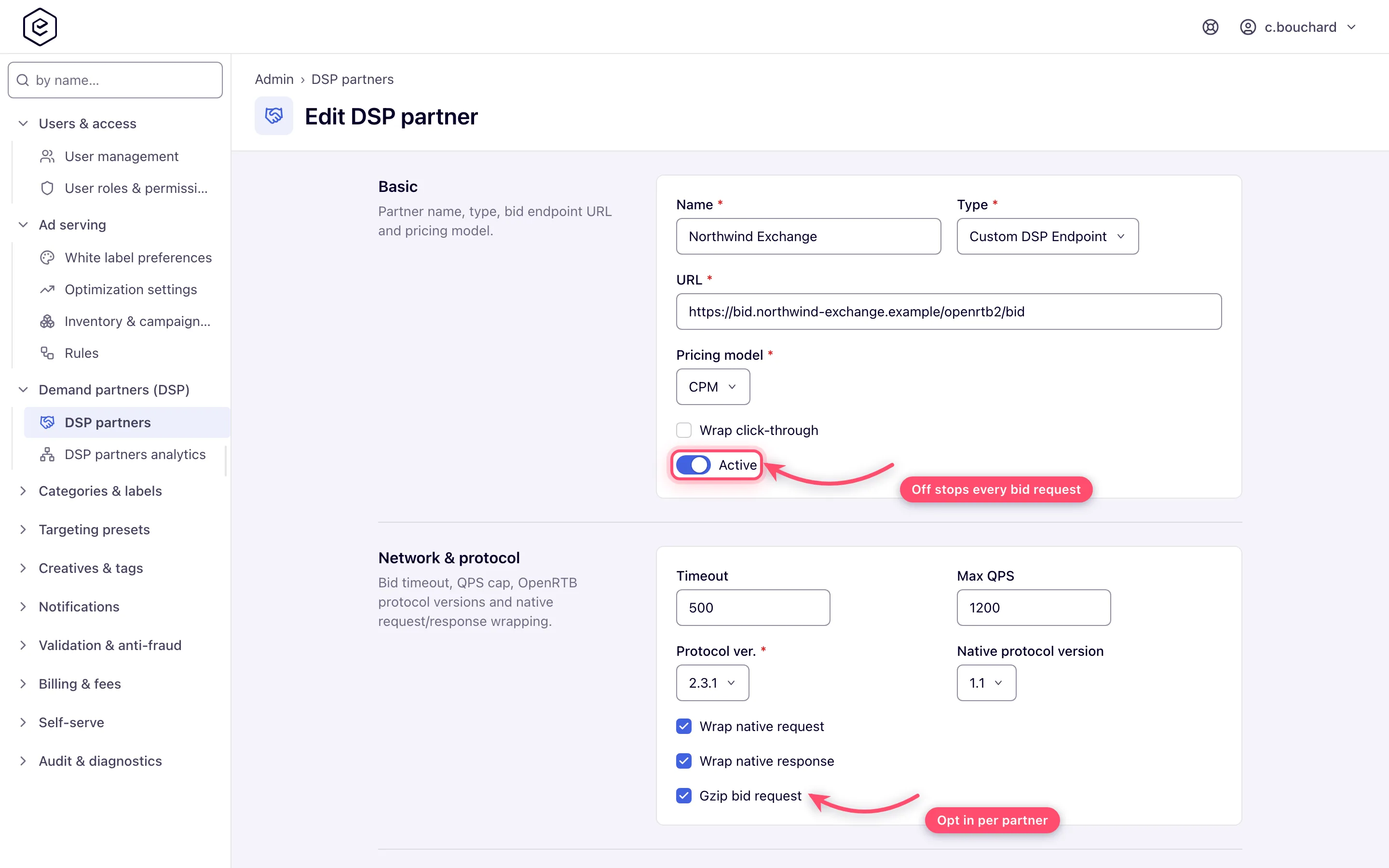 DSP partner edit form with the Active toggle, Wrap click-through, endpoint URL, pricing model, timeout, Max QPS and Gzip bid request