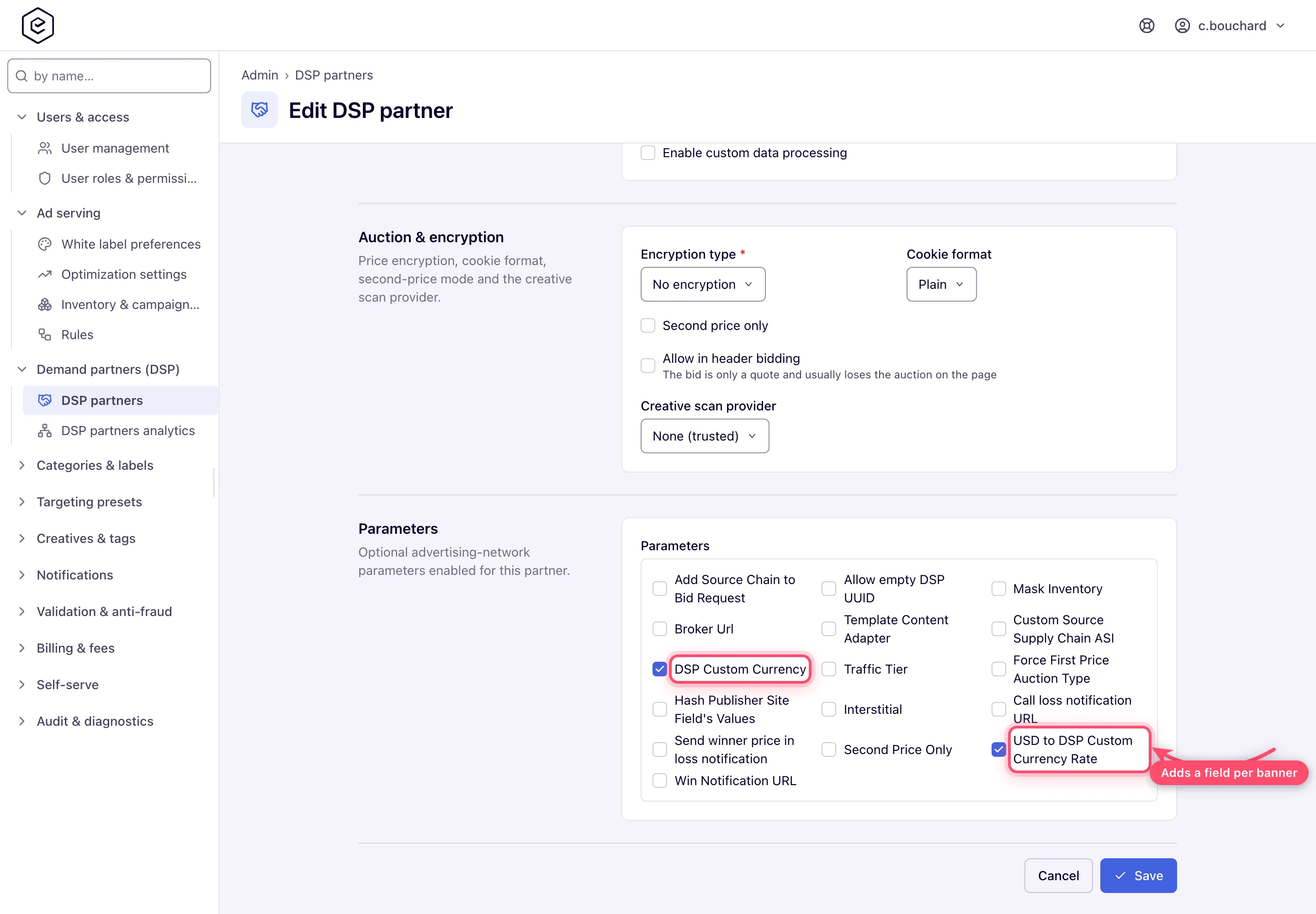 The Parameters card on a DSP partner, showing the sixteen advertising-network parameters as a checkbox grid