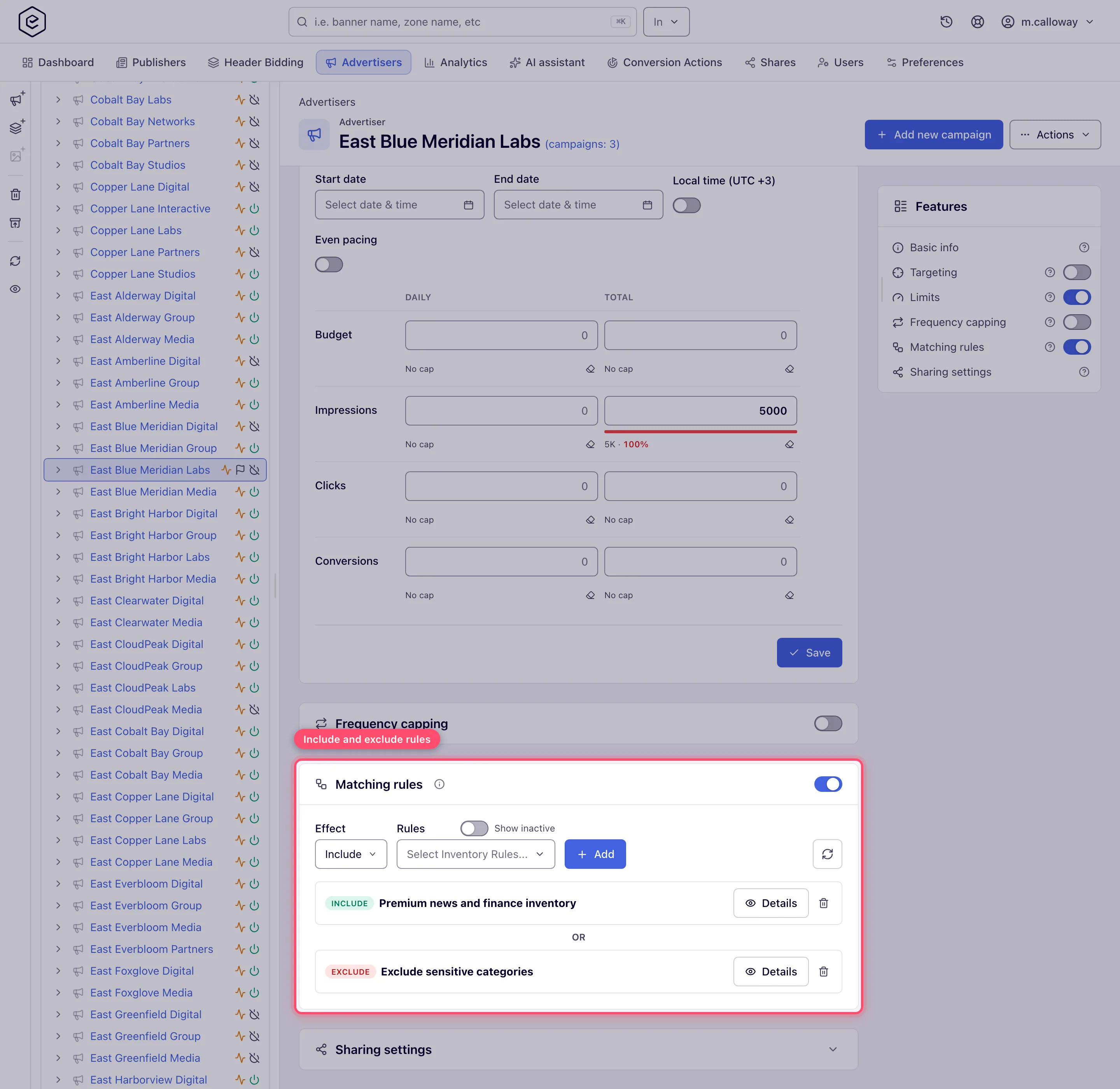 Matching rules card on an advertiser with an add-line row and two saved lines separated by Or