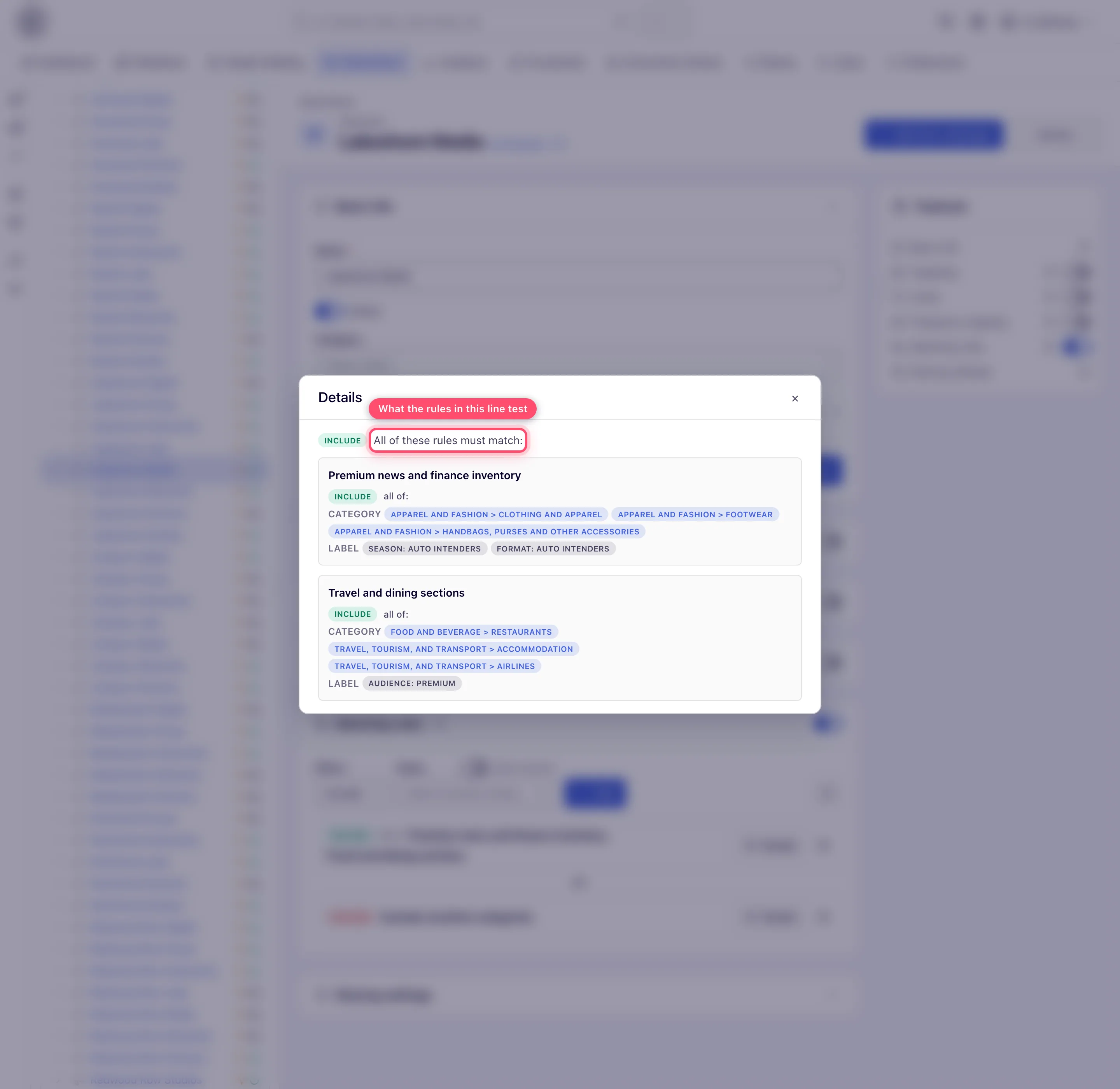 Details modal listing the rules in a line and the category and label conditions of each