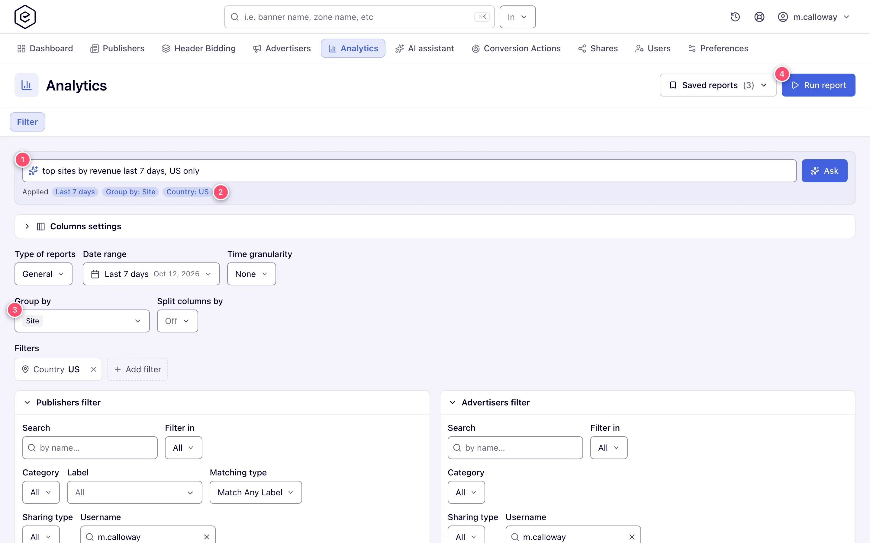 Ask box with a request and the Applied chips, above the Filter form it filled in, with Run report in the header