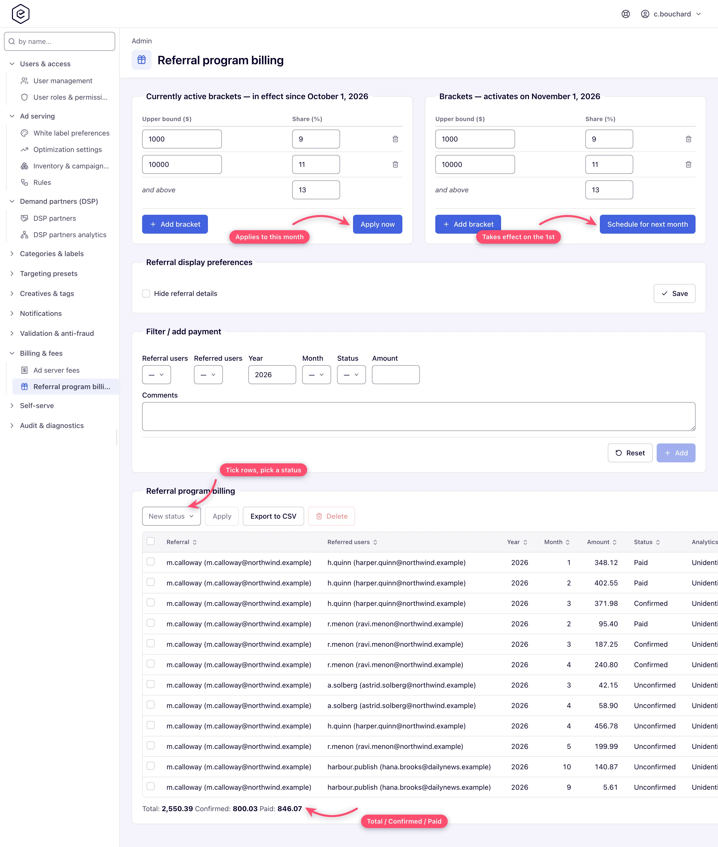 Referral program billing page with bracket editors, the payment filter and the commission ledger