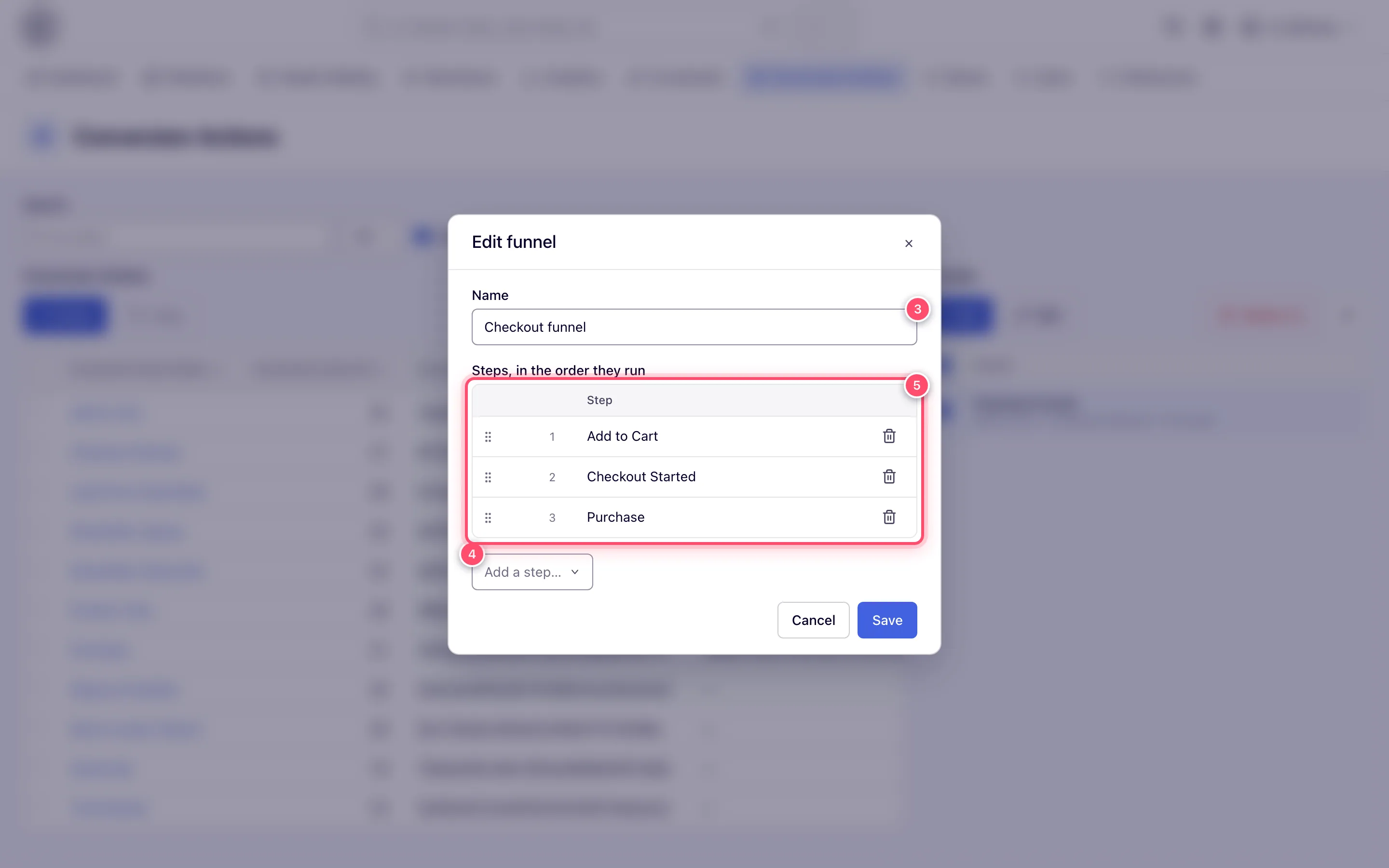 Funnel editor dialog with a name and three numbered steps