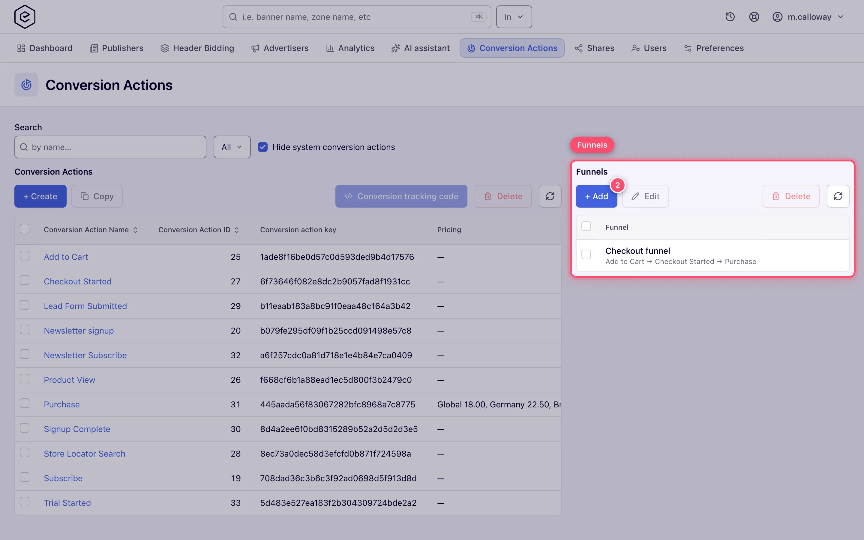 Conversion Actions page with the Funnels panel beside the actions grid