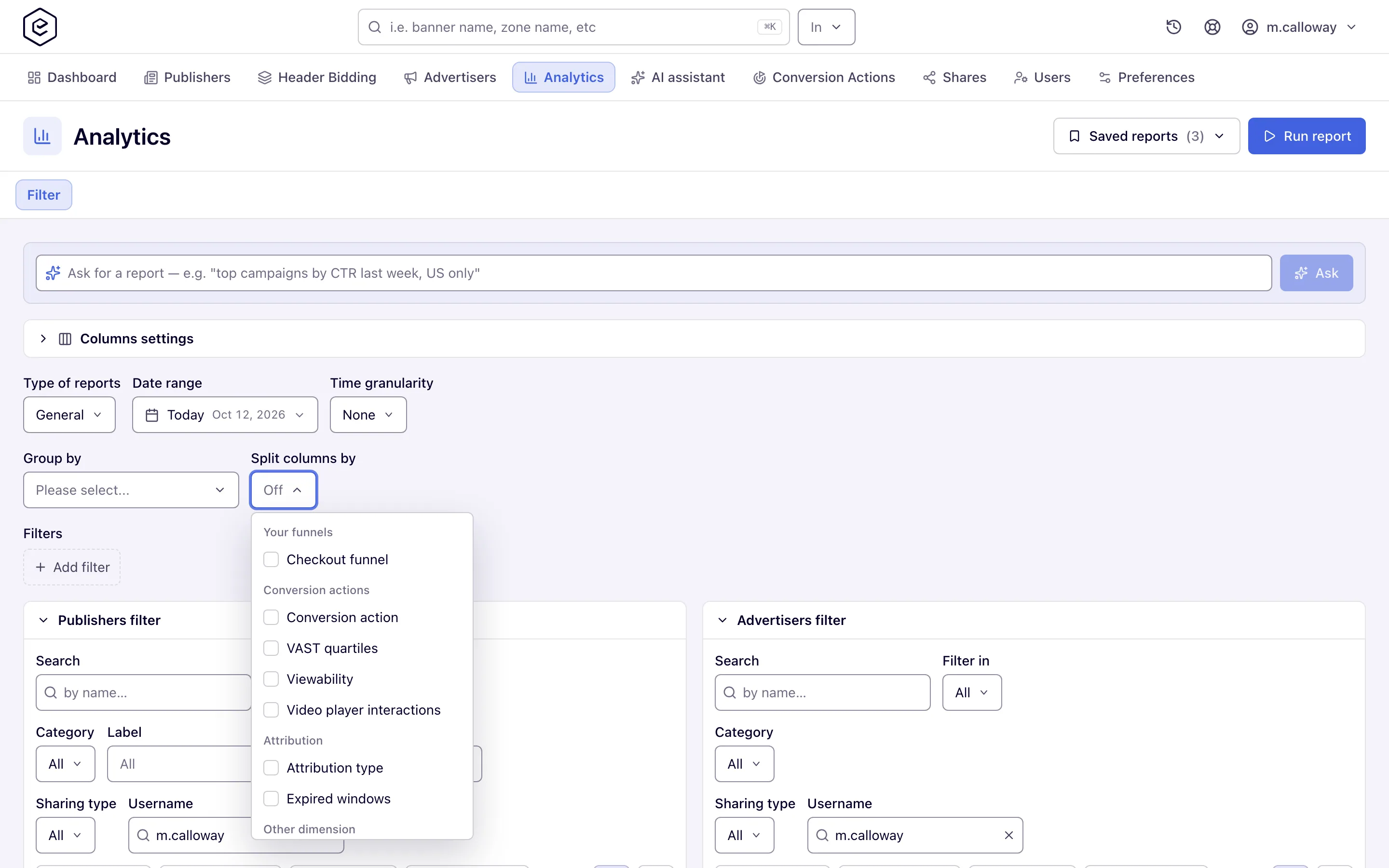 Split columns by list showing the Your funnels group at the top