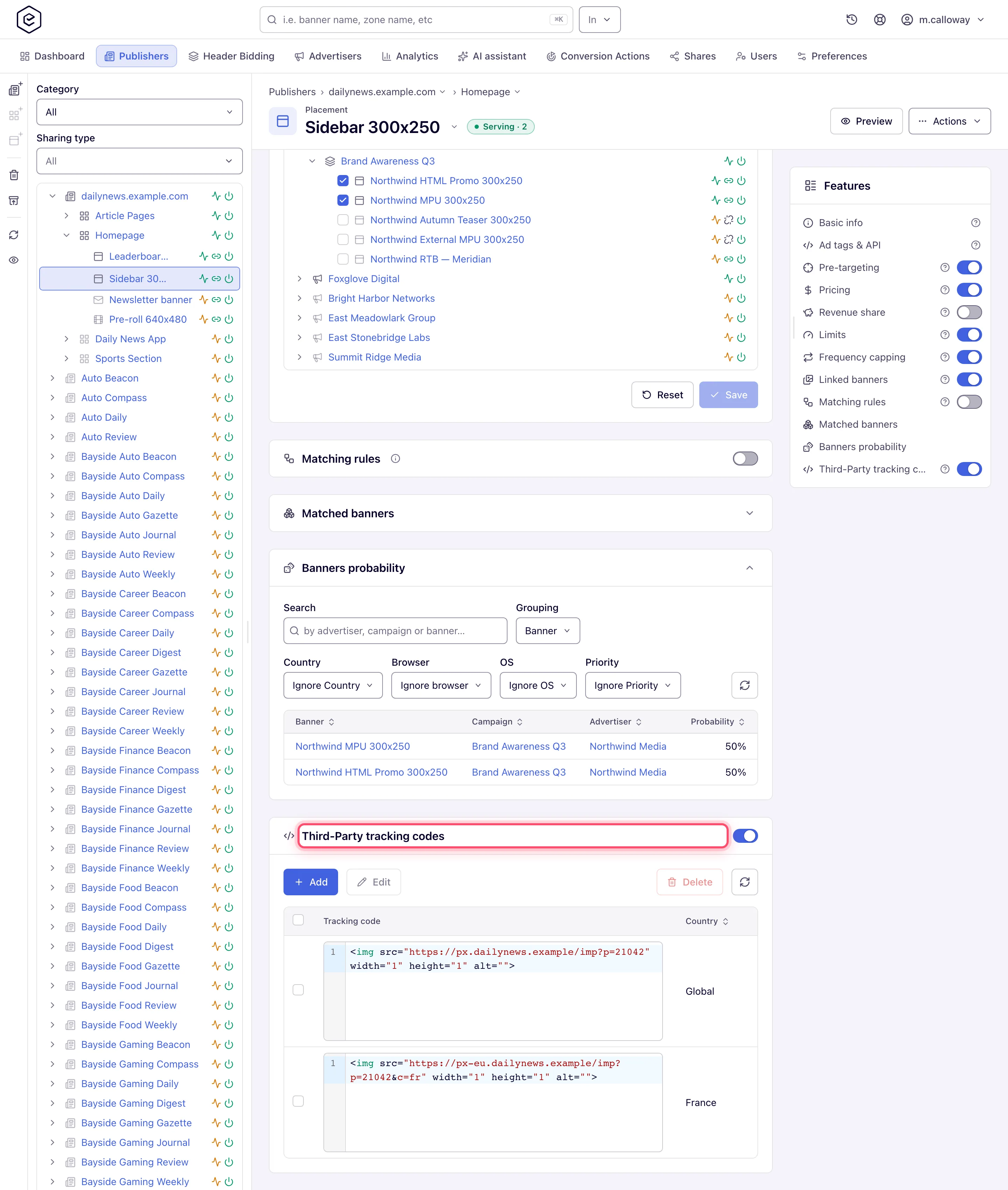 Placement edit page showing the Piggybacks, Third-Party tracking codes and Server-Side trackers cards one after another