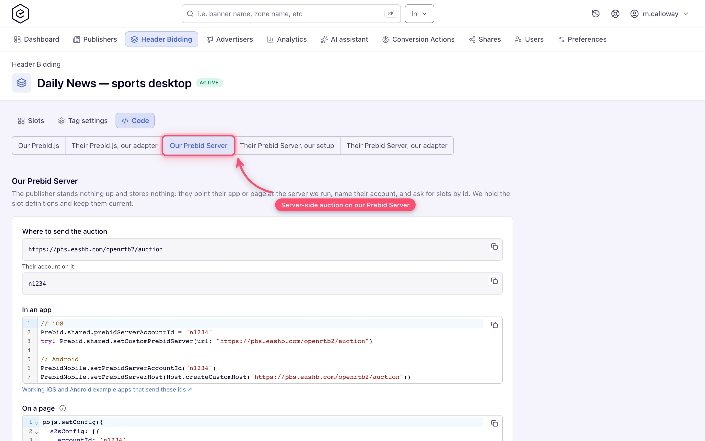 The Code face for our Prebid Server: auction endpoint, account, and the app setup