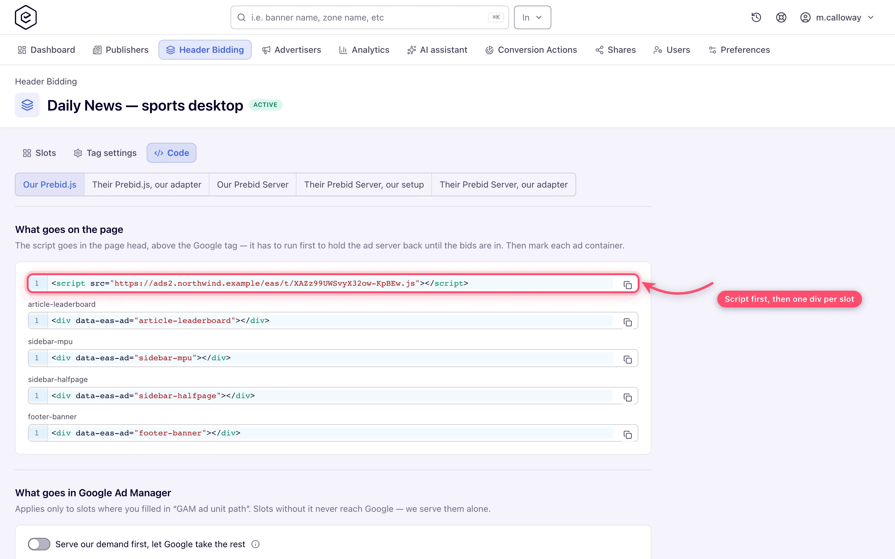 The Code face for our Prebid.js on the page: the script and the container markup
