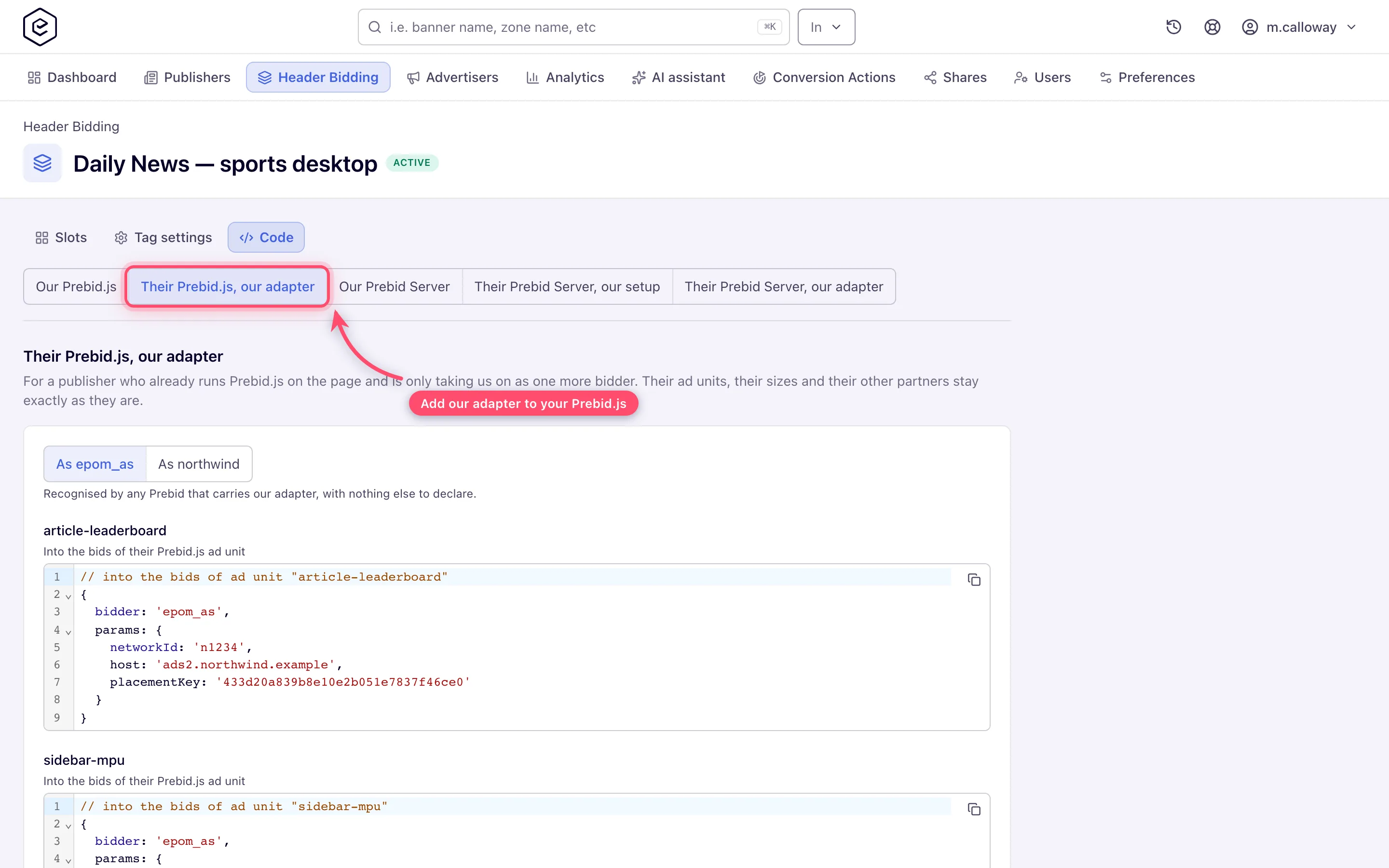 The Code face for a page that already runs Prebid.js: the per-slot bids entry and the naming switch
