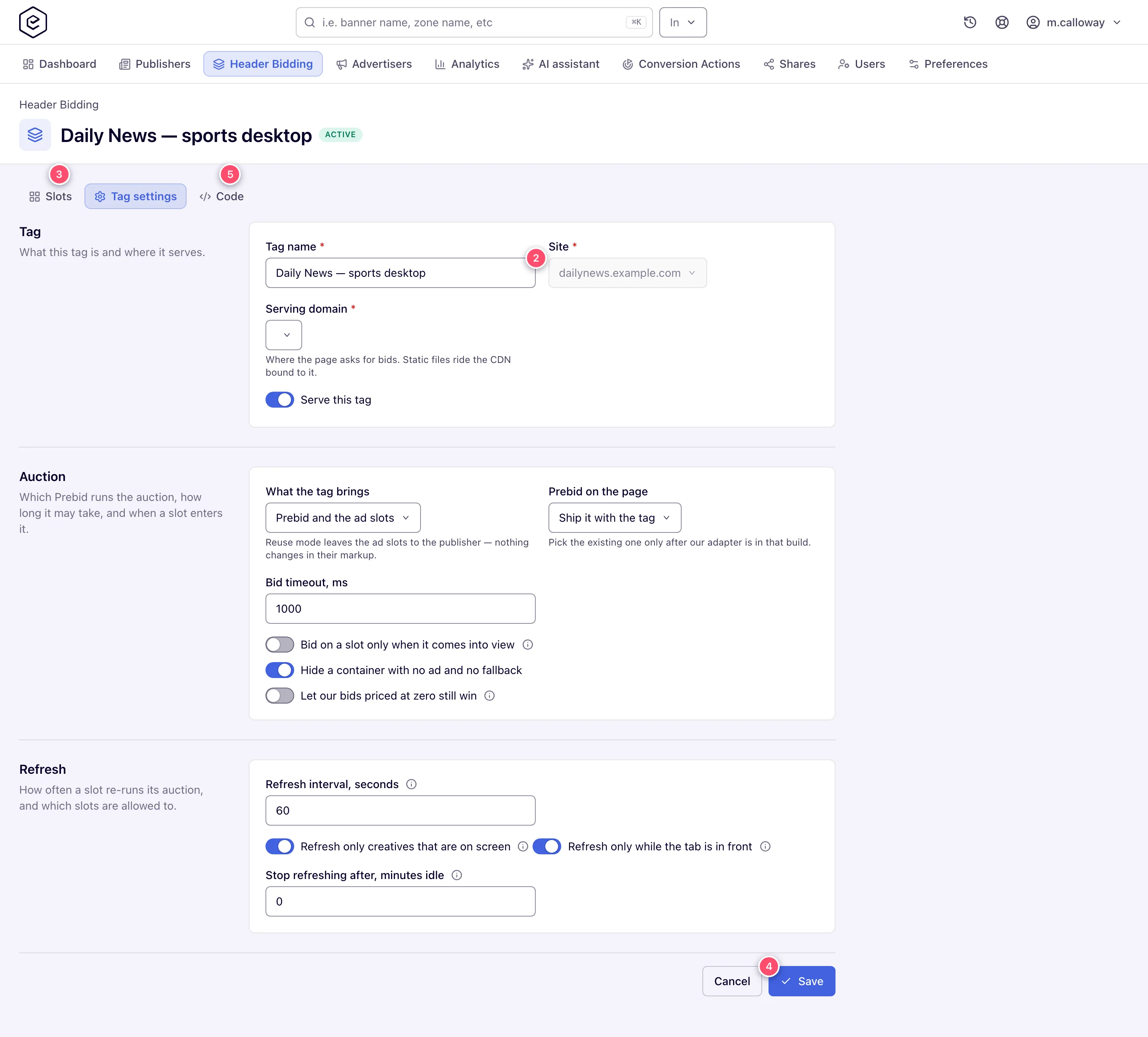 Header bidding tag on its Tag settings face with the Slots and Code faces and the Save button numbered
