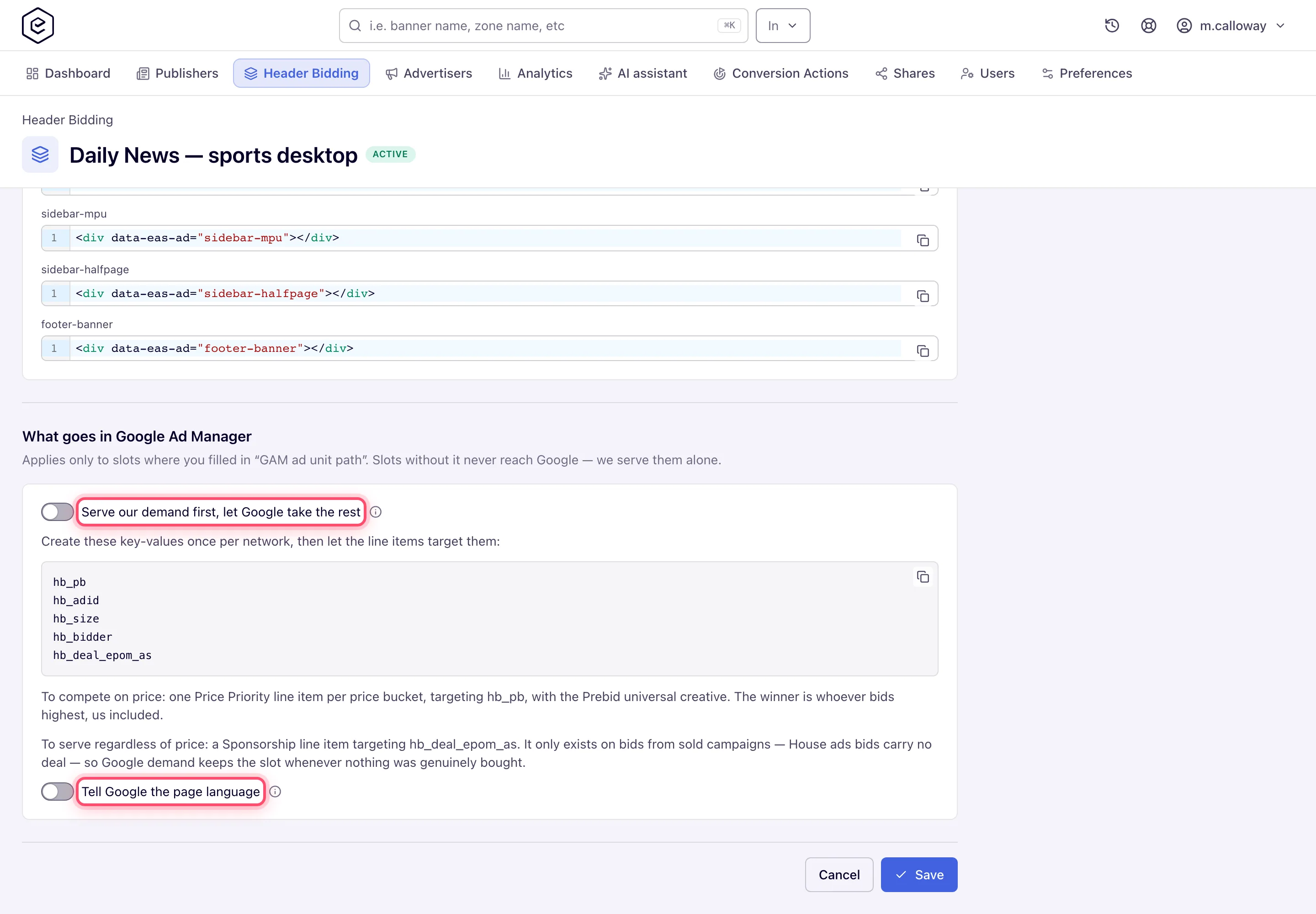 Google Ad Manager section with the key-values and the line item recipes