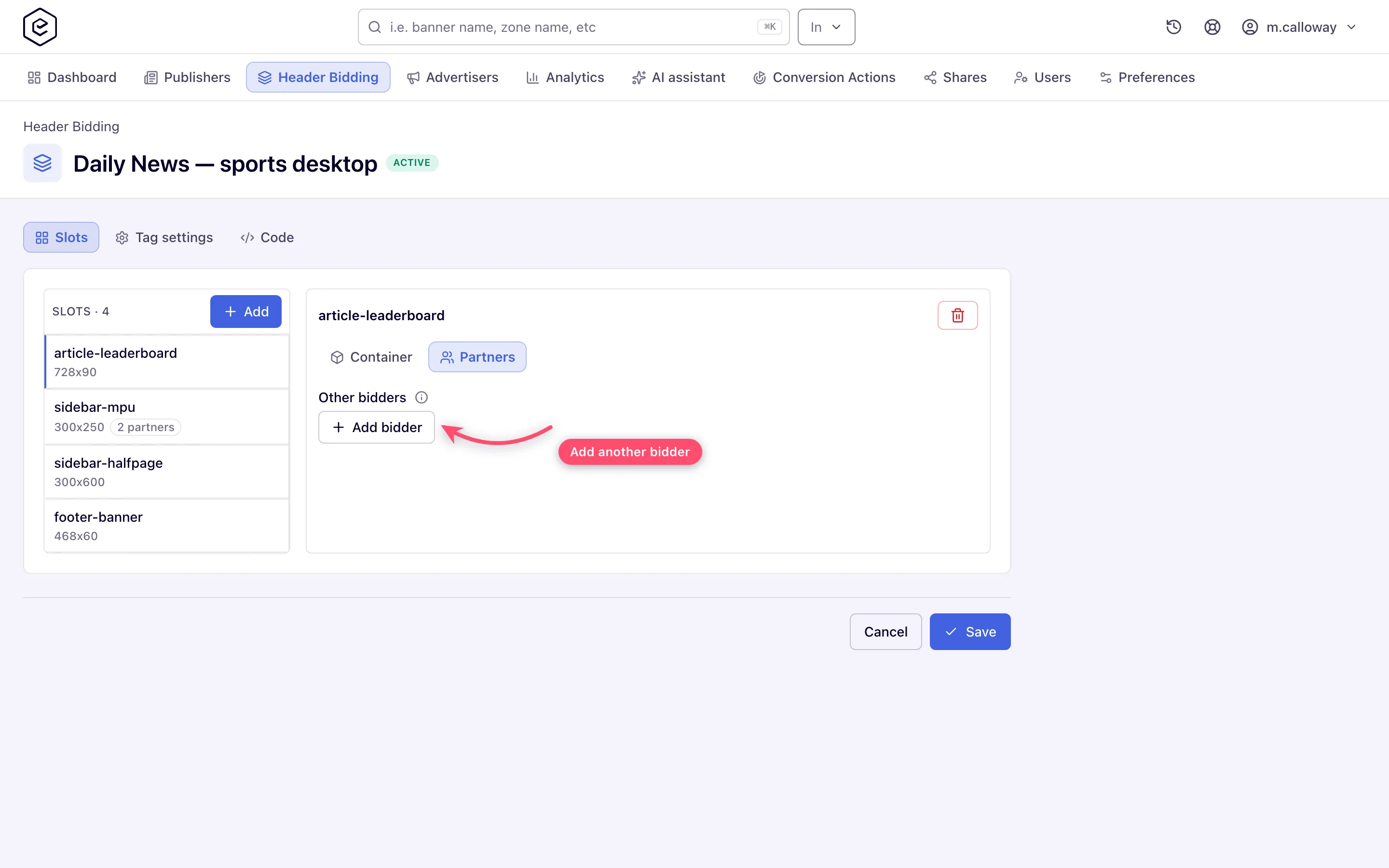 The Partners tab of a slot, listing one other bidder under an alias