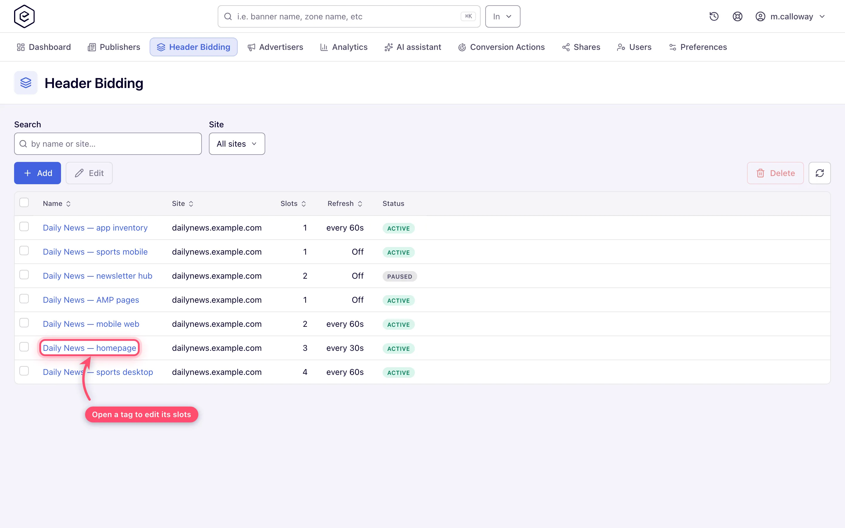 Header bidding tag grid listing one tag per page layout with slot counts and status